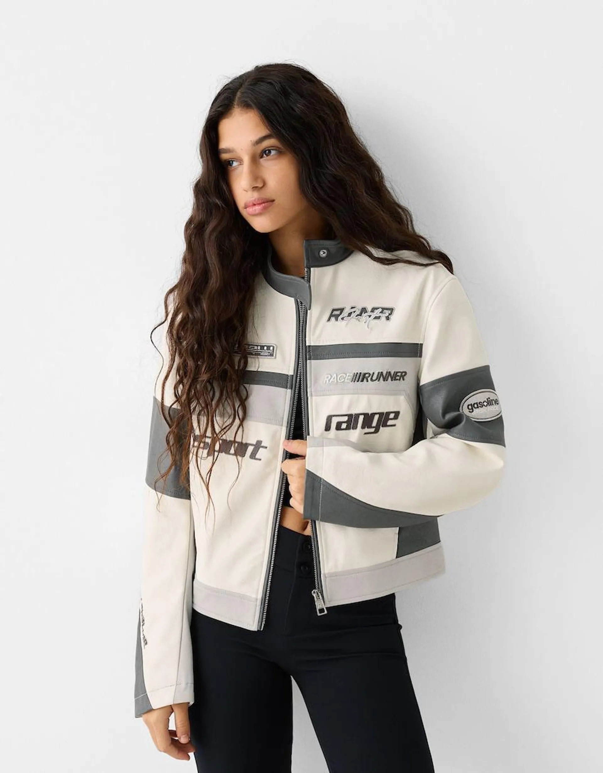 Leather effect embroidered racing jacket