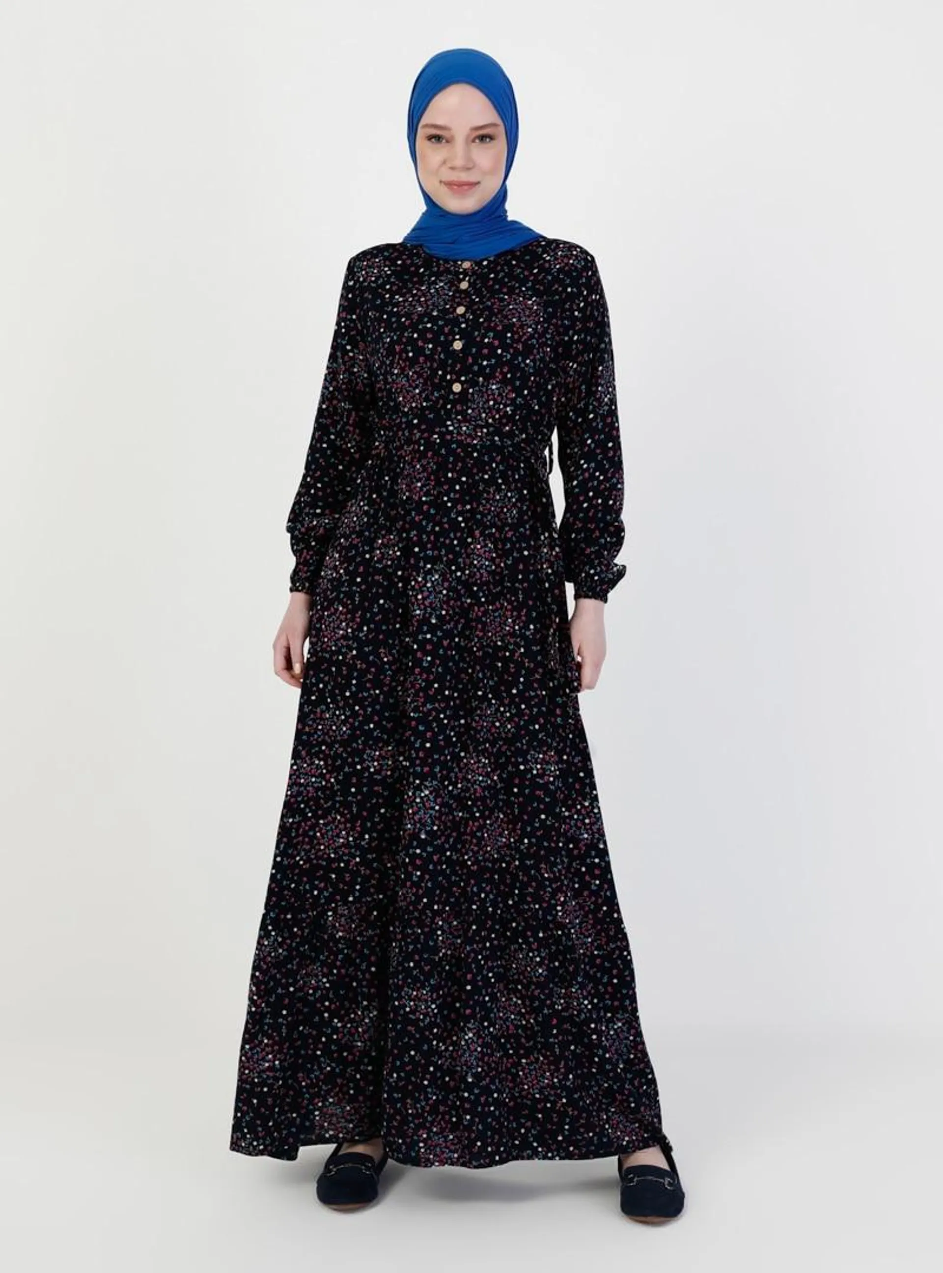 Navy Blue - Floral - Crew neck - Unlined - Modest Dress