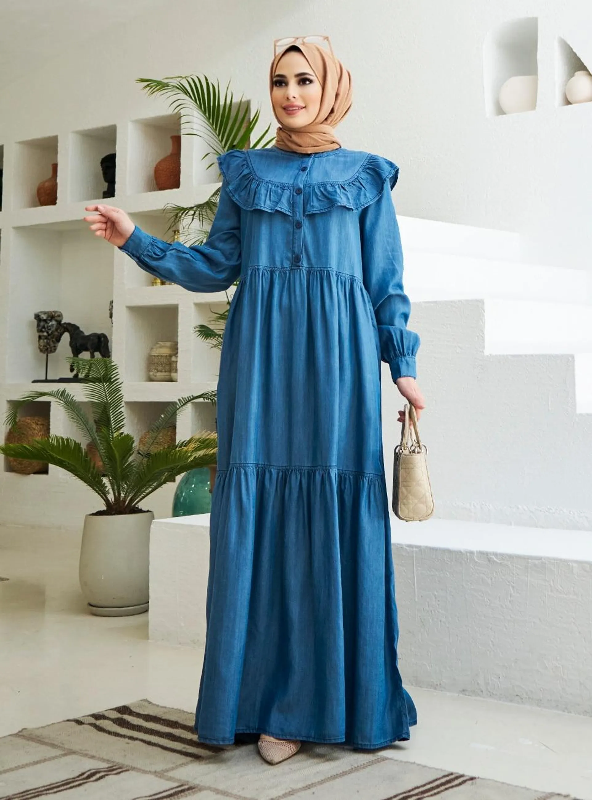 Dark Blue - Crew neck - Unlined - Tencel - Modest Dress