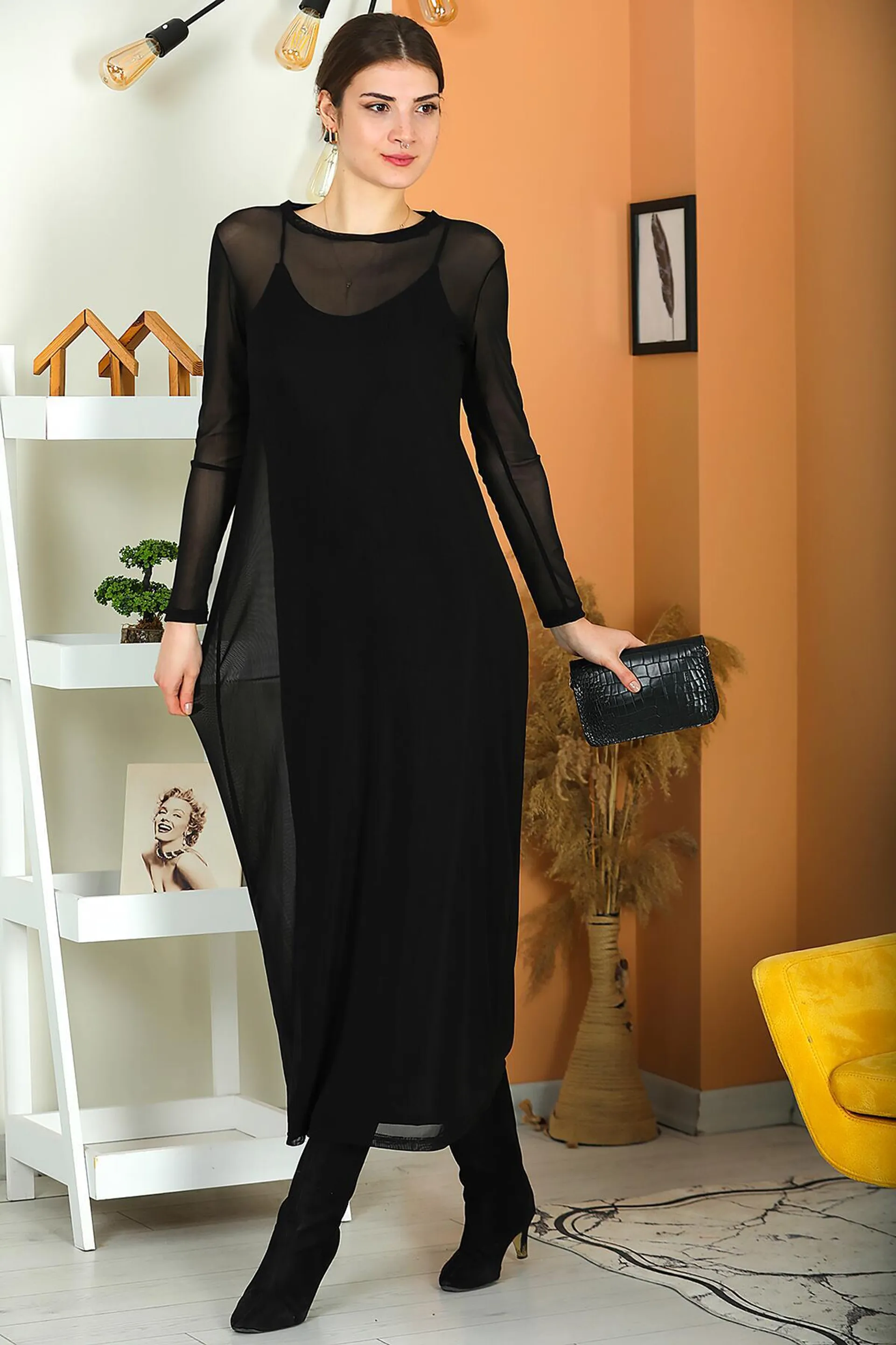 Kadın Dışı Tül İç Astarlı Uzun Elbise Siyah