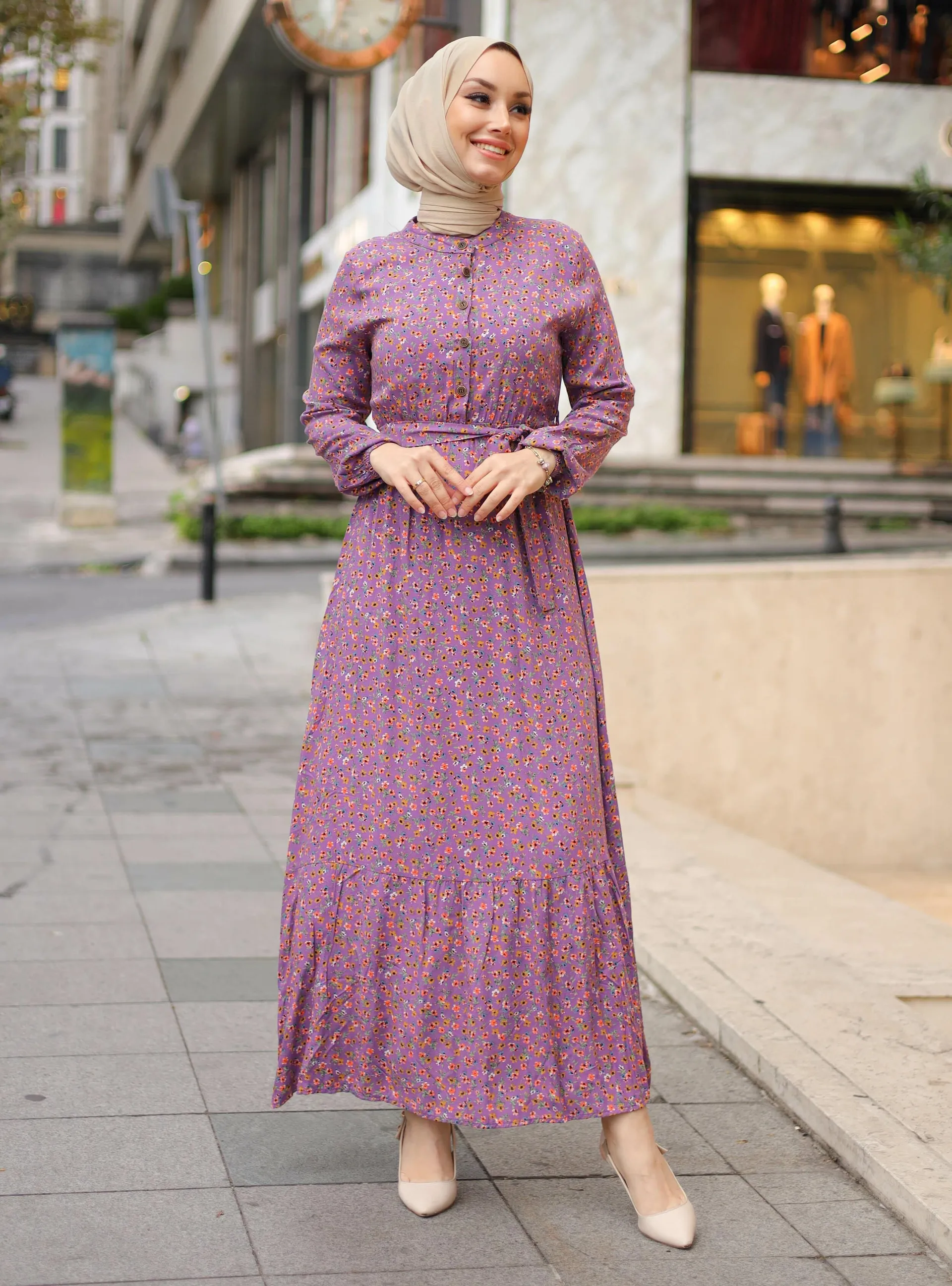 Lilac - Floral - Crew neck - Unlined - Cotton - Modest Dress