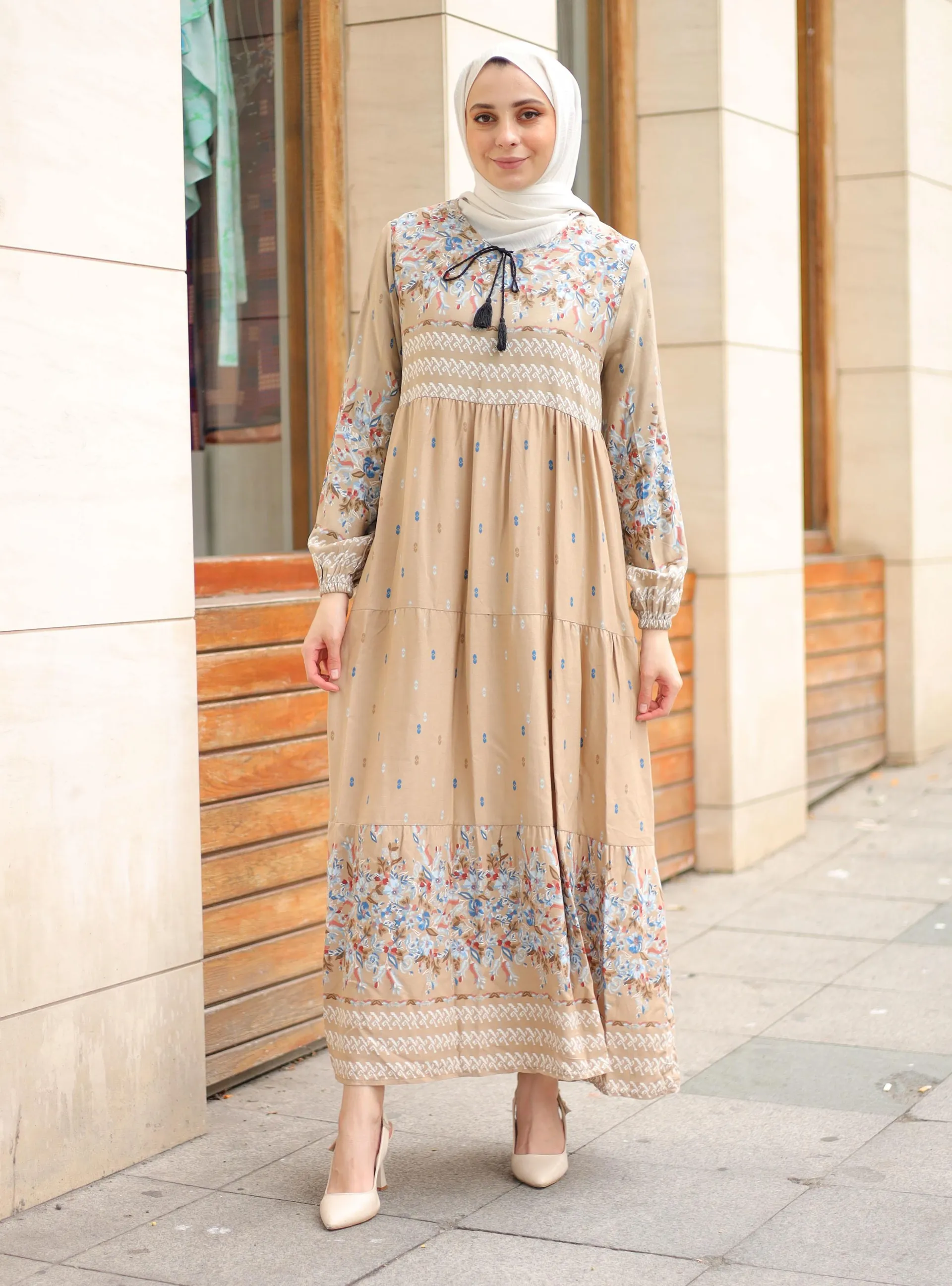 Floral Patterned Modest Dress Mink