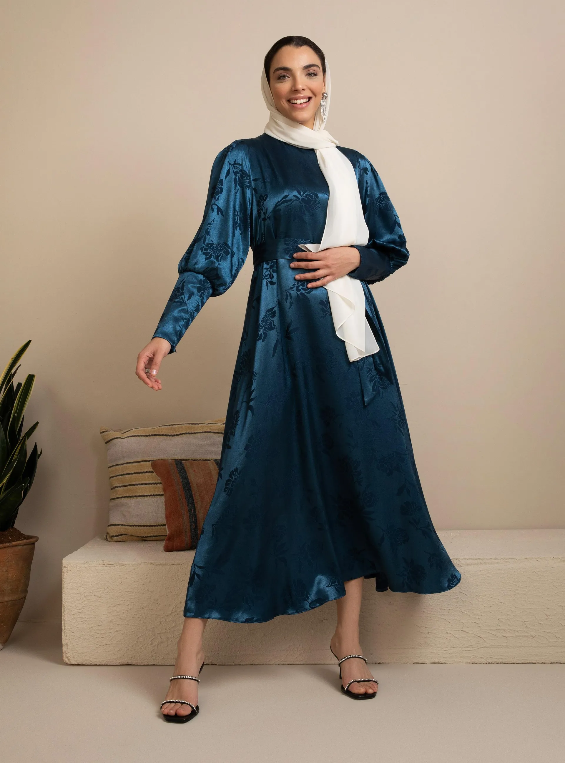 Jacquard Satin Modest Dress Dark Navy Blue