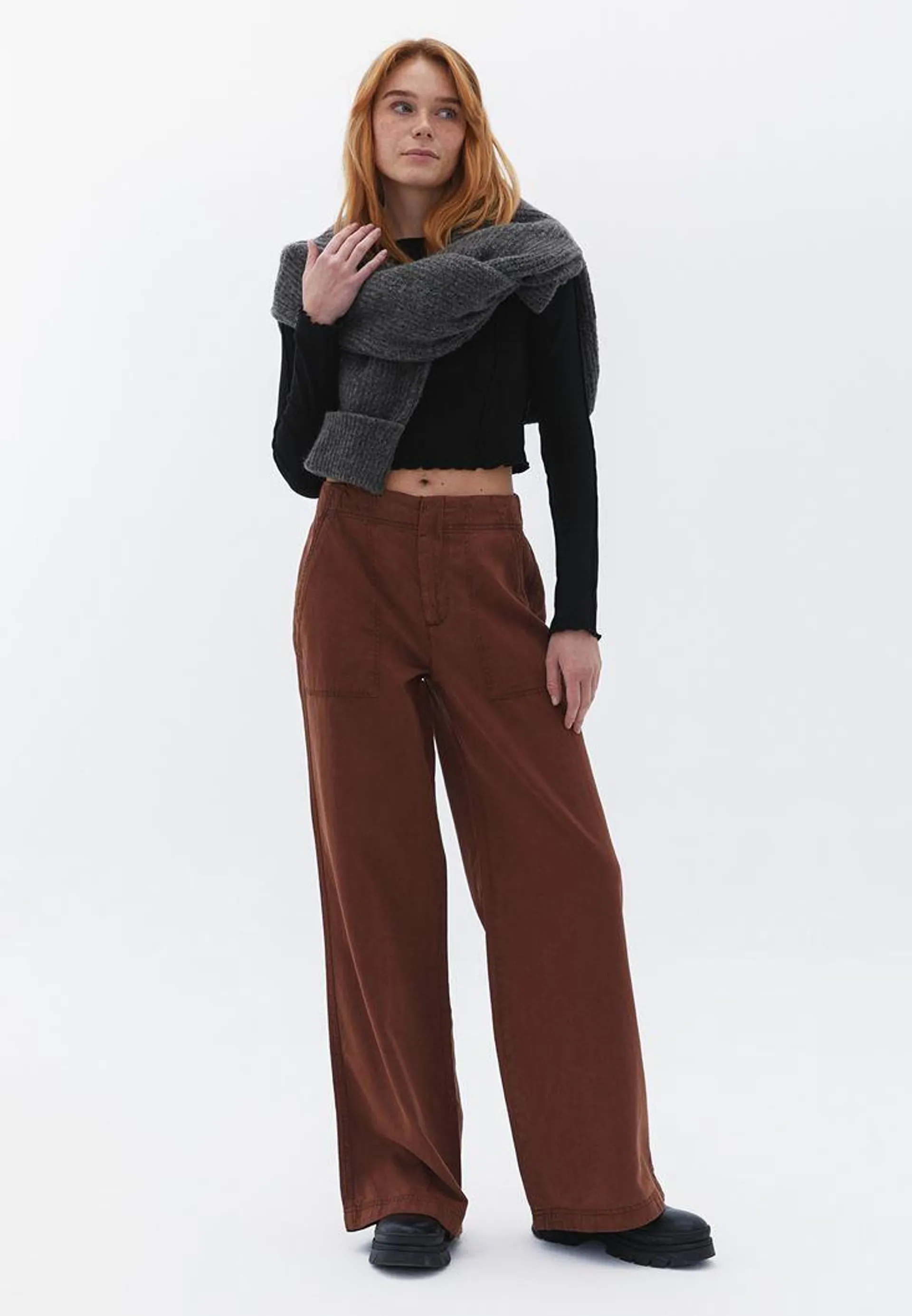 Kahverengi Orta Bel Wide-Leg Pantolon ( TENCEL™ )