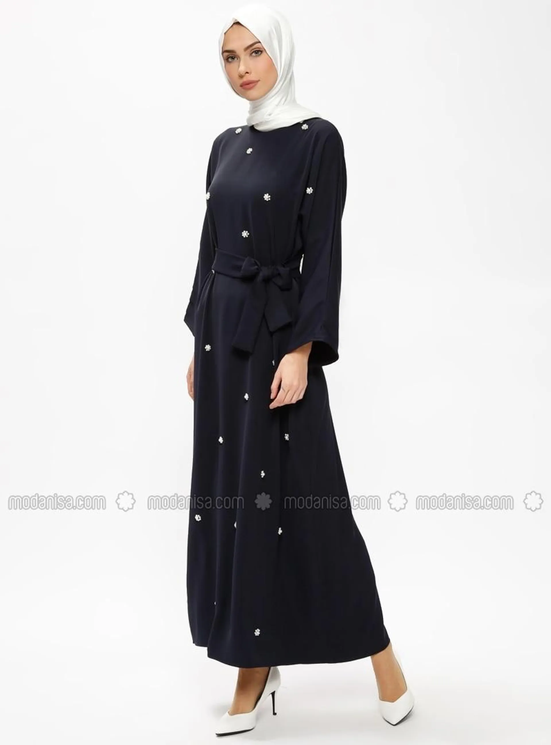 Bead Embroidered Modest Dress Navy Blue