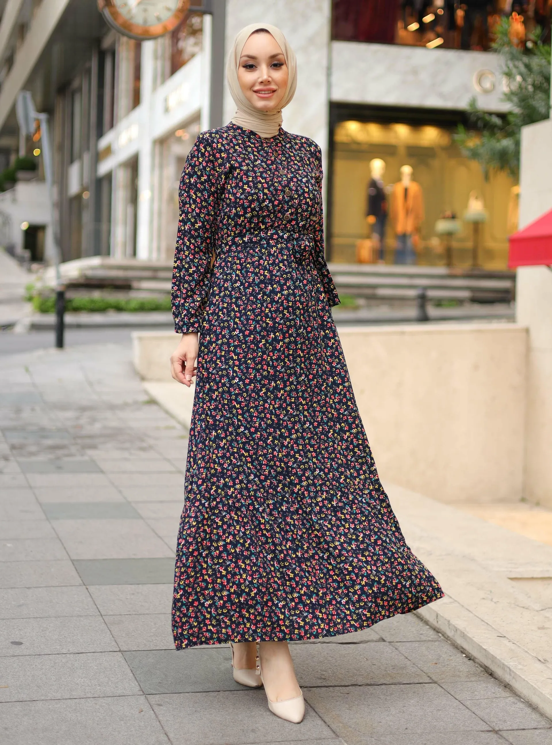 Navy Blue - Floral - Crew neck - Unlined - Cotton - Modest Dress