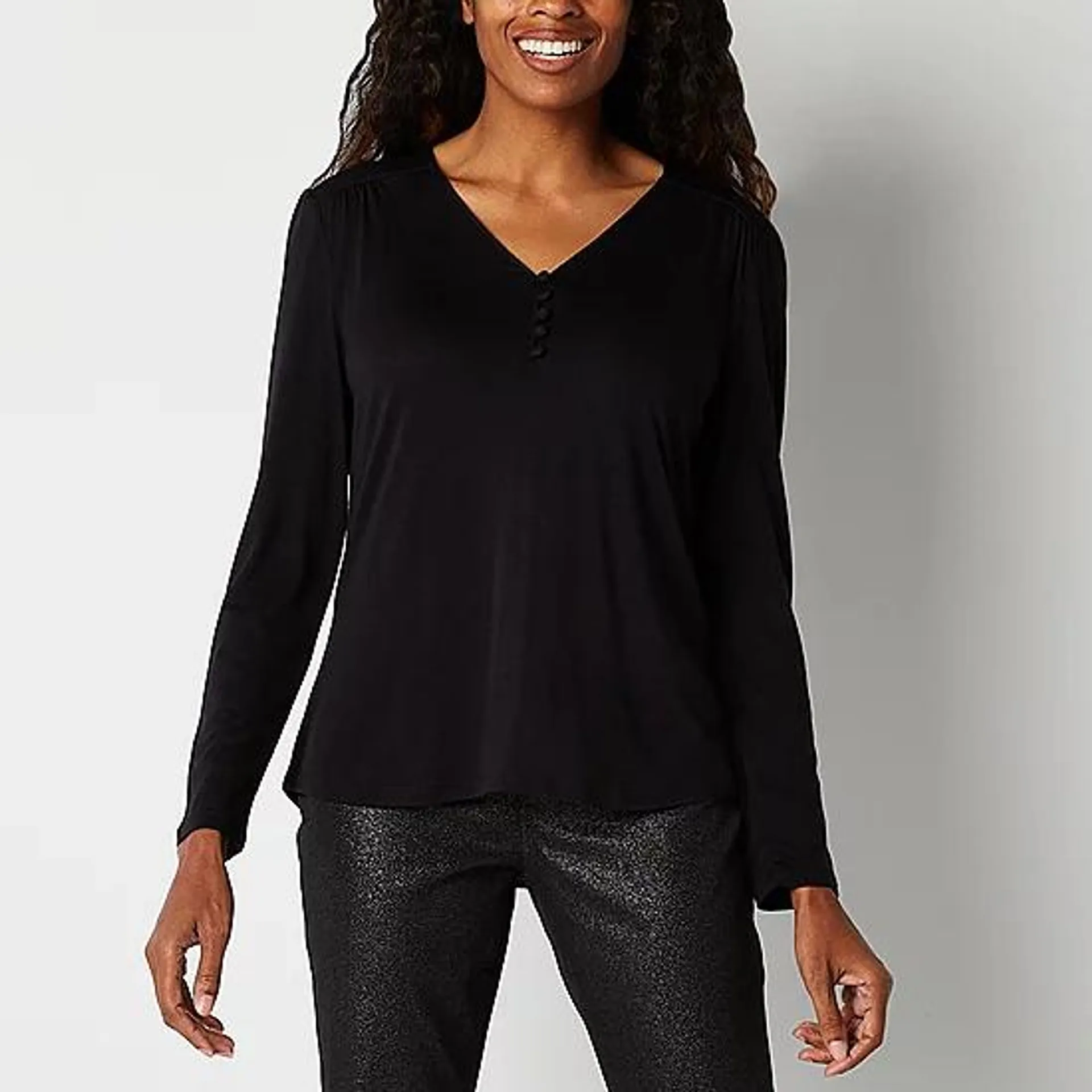 Liz Claiborne Womens V Neck Long Sleeve Henley Shirt