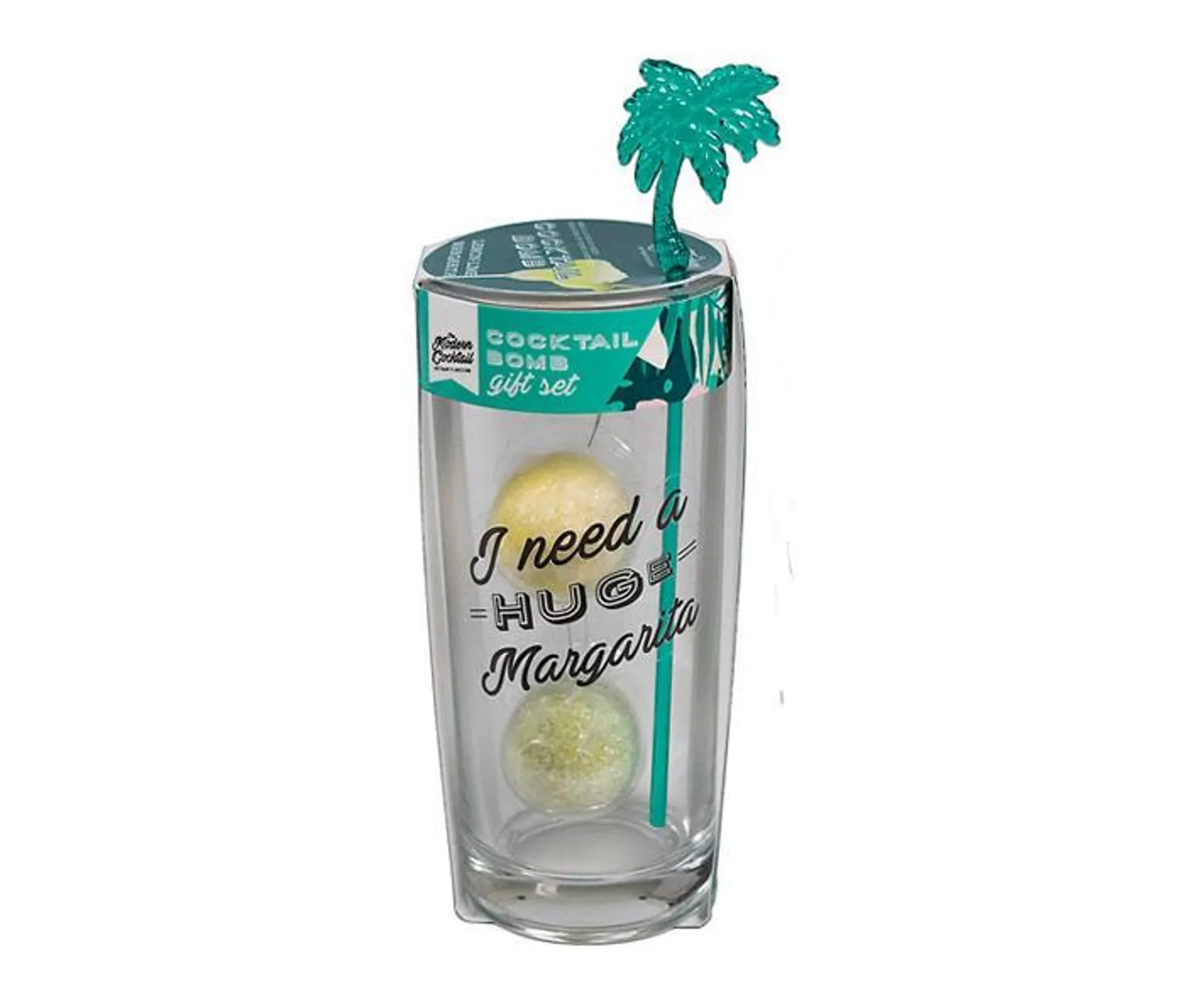 "I Need a Huge Margarita" Palm Tree Cocktail Bomb Gift Set With Highball Glass