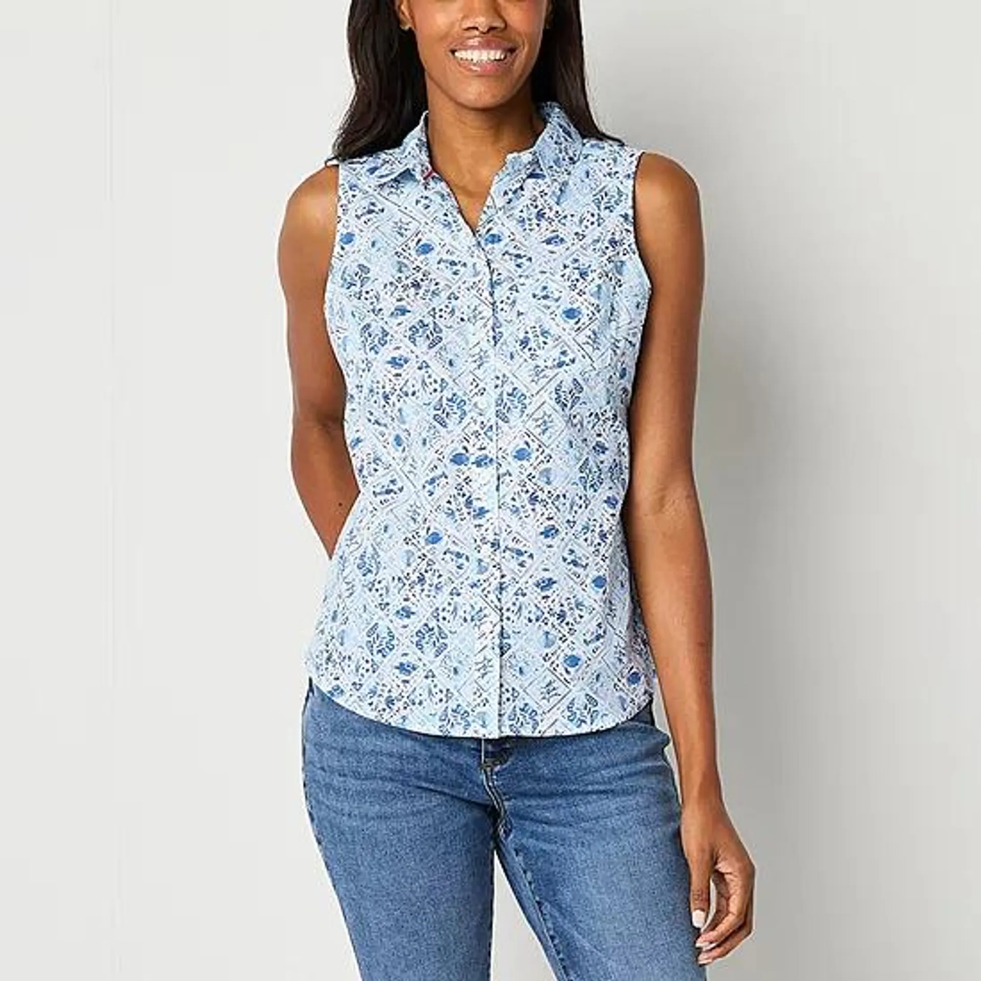 St. John's Bay Womens Sleeveless Regular Fit Button-Down Shirt