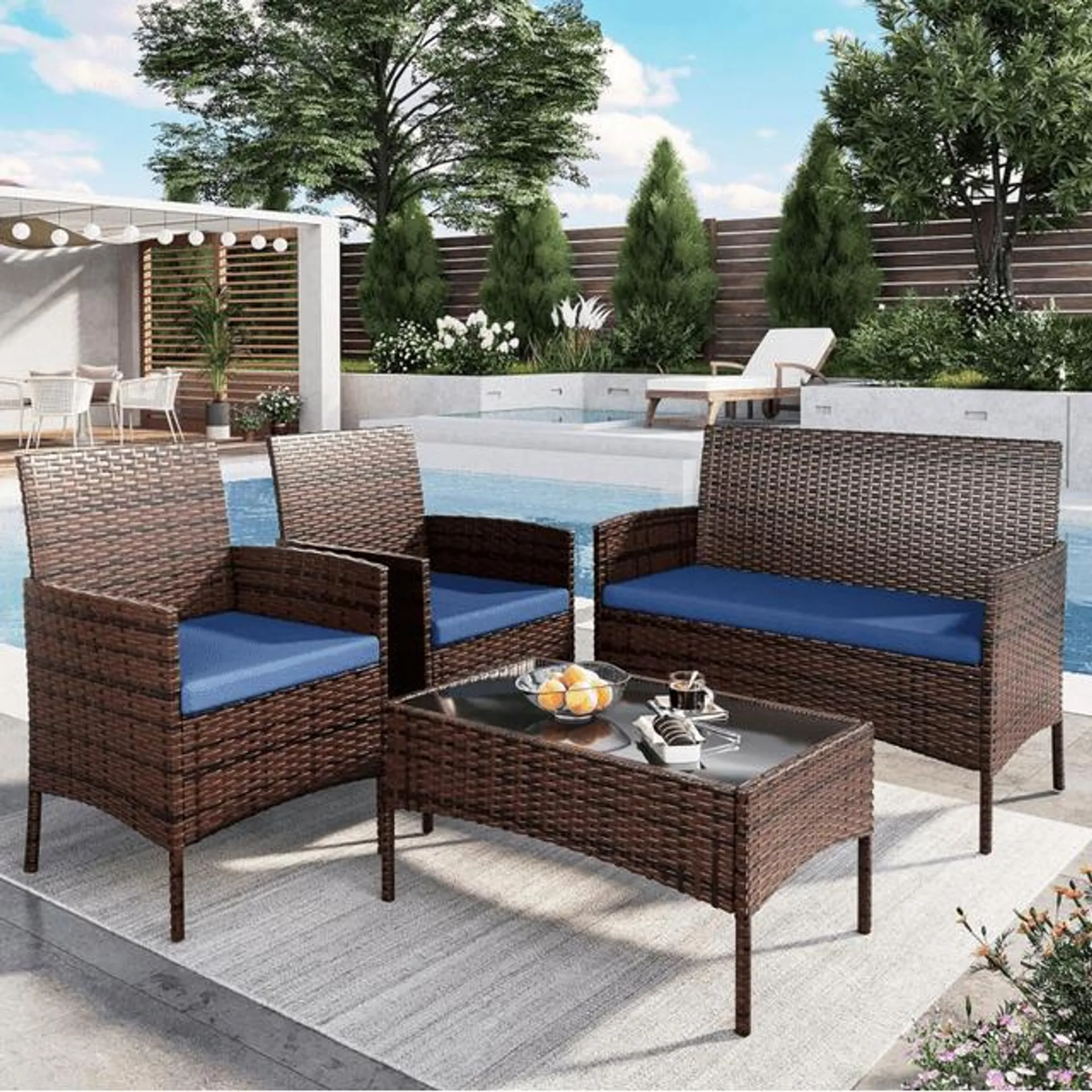 ELPOSUN Patio Furniture 4 Pieces Outdoor Wicker Rattan Chair Balcony Conversation Sets Porch Furniture Sectional Loveseat w Cushions and Table for Backyard Pool Garden (Brown-Blue)