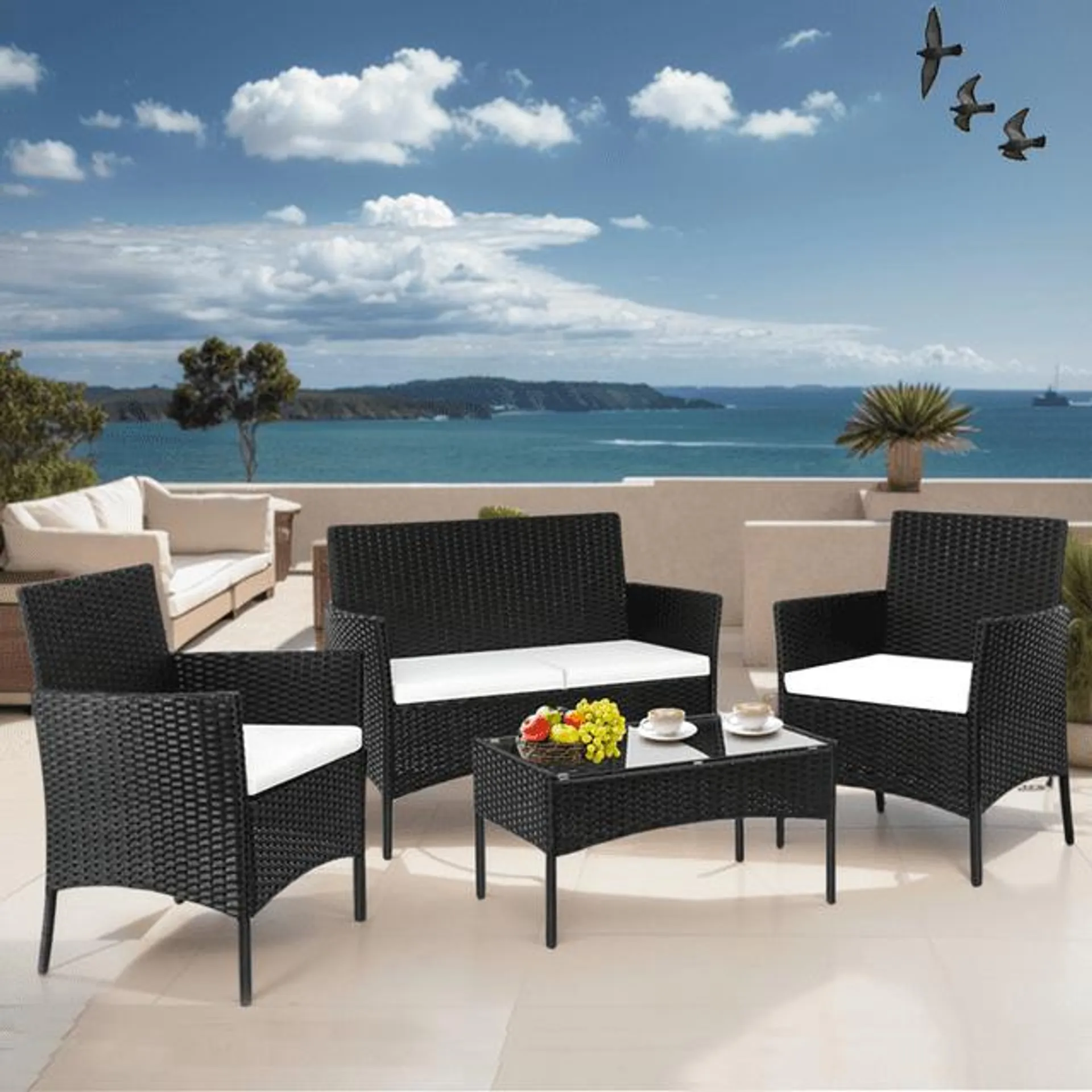 Outdoor Patio Conversation Set, Segmart 4 Pieces Rattan Sofa Set Cushioned Sofa & Charis, Deck Porch Poolside Furniture Table Set for 4, Black