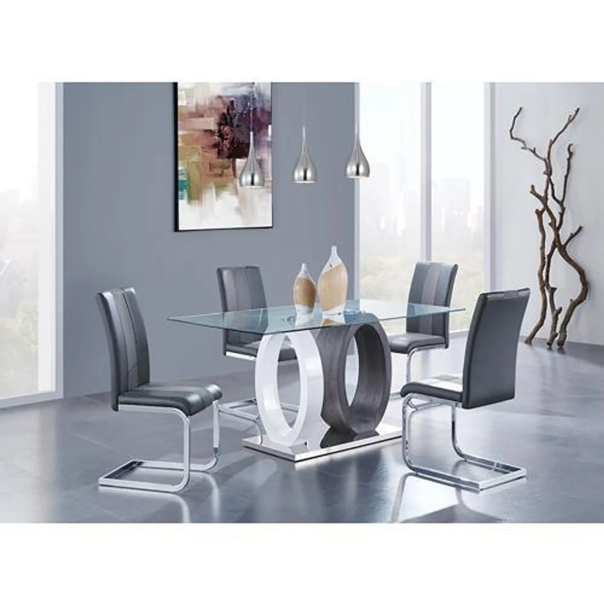 Monza Glass Top Contemporary Dining Table With 4 Gray Dining Chairs