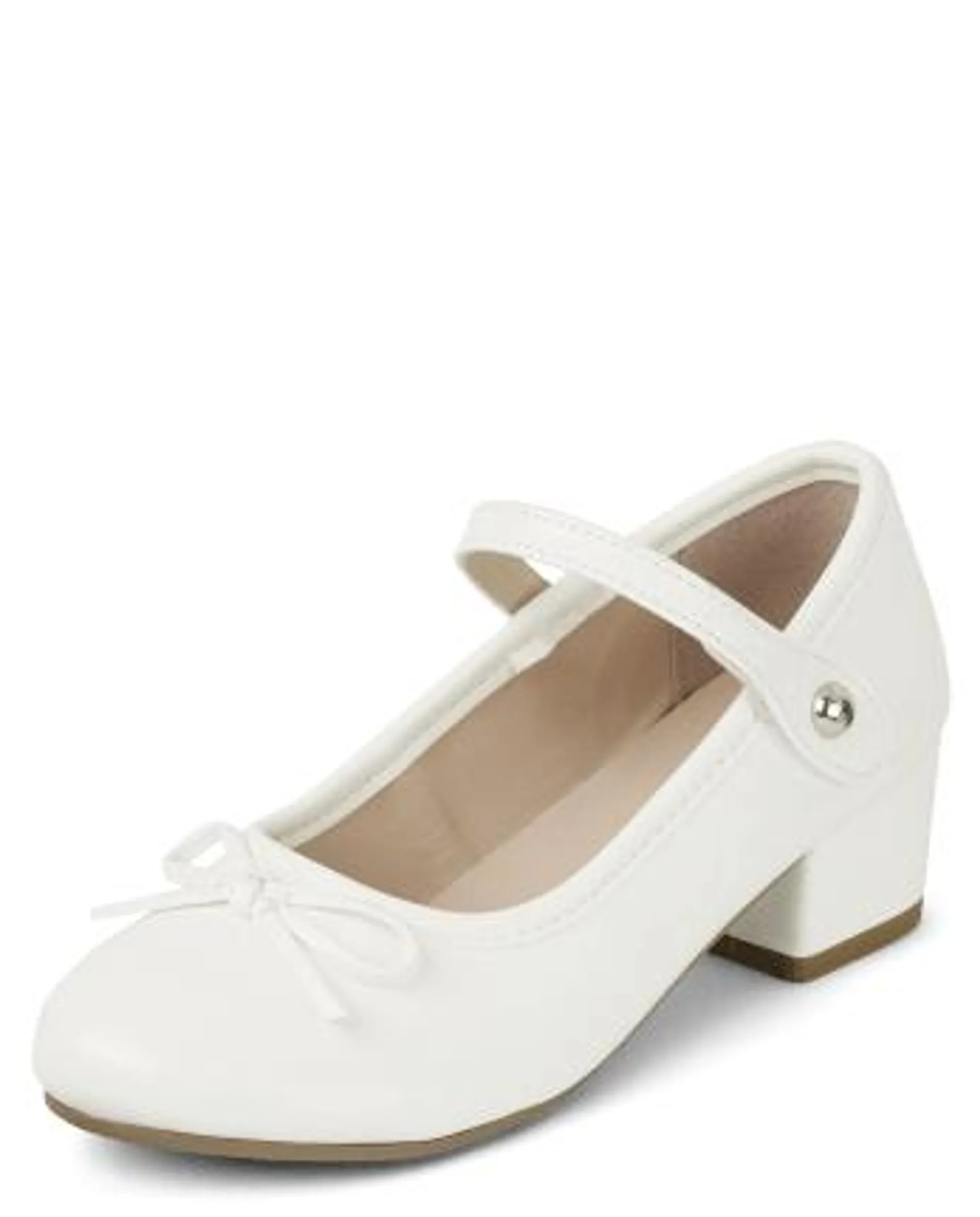 Girls Bow Faux Patent Leather Low Heel Shoes - white