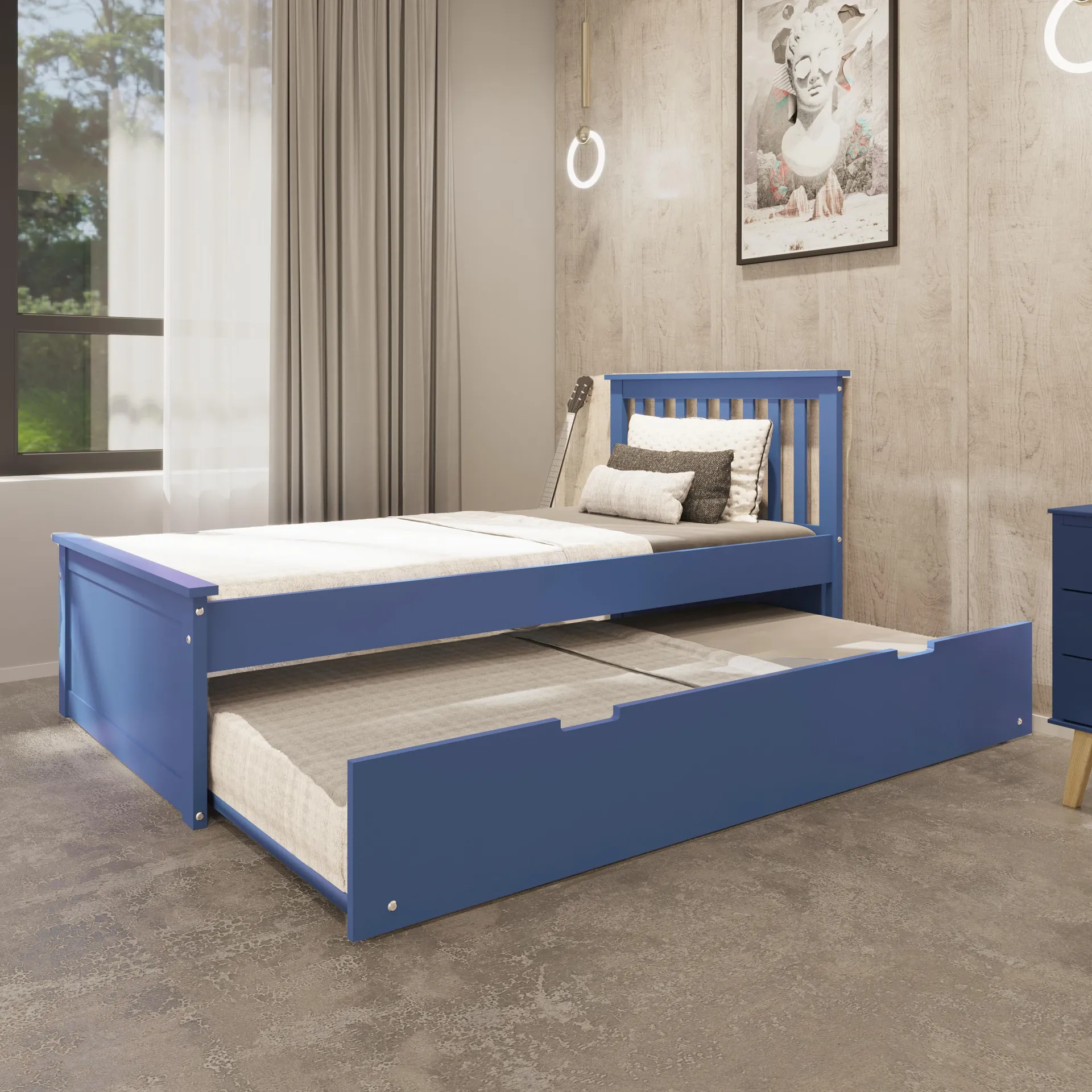 Yes4wood Blue Twin Bed with Trundle, Solid Wood Malibu Bed Frame with Twin Size Pull-Out Trundle for Kids and Toddlers(D0102H7UQ