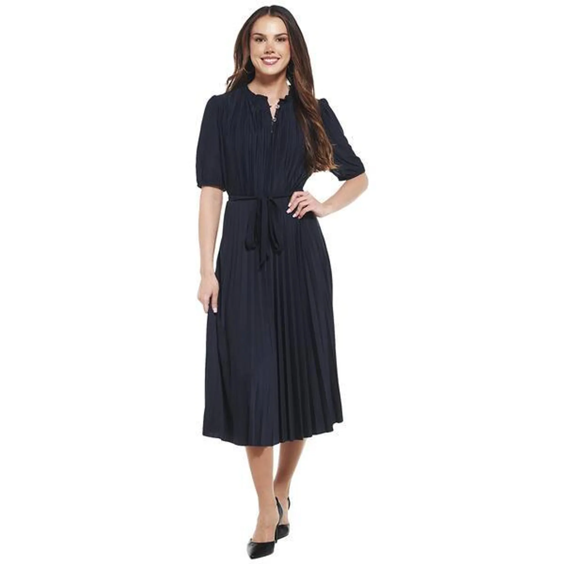 Womens Sharagano Short Sleeve Pleated Midi Dress