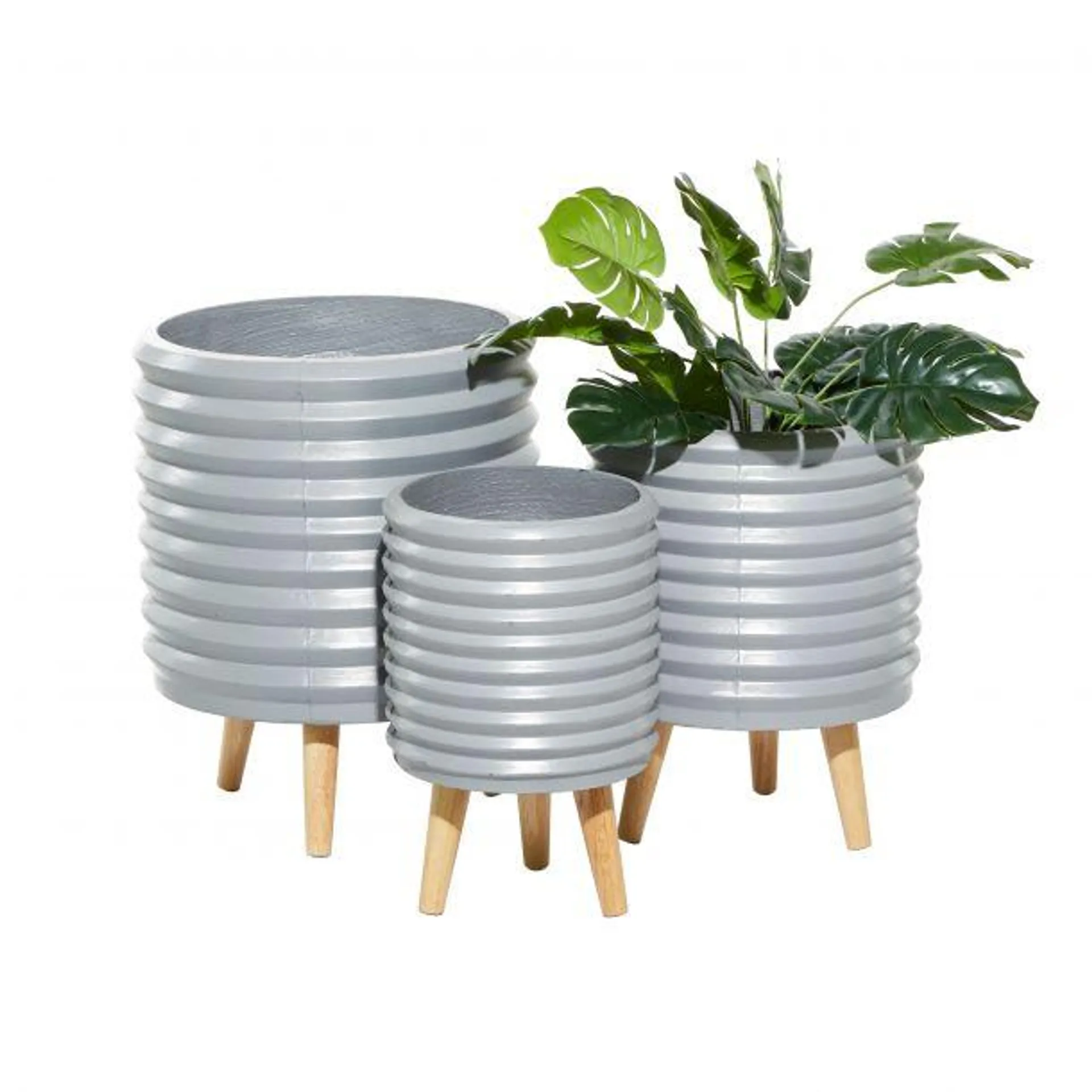 Marisol + Daisy Contemporary Magnesium Oxide Cylindrical Planter with Wood Legs (Set of 3) - Gray