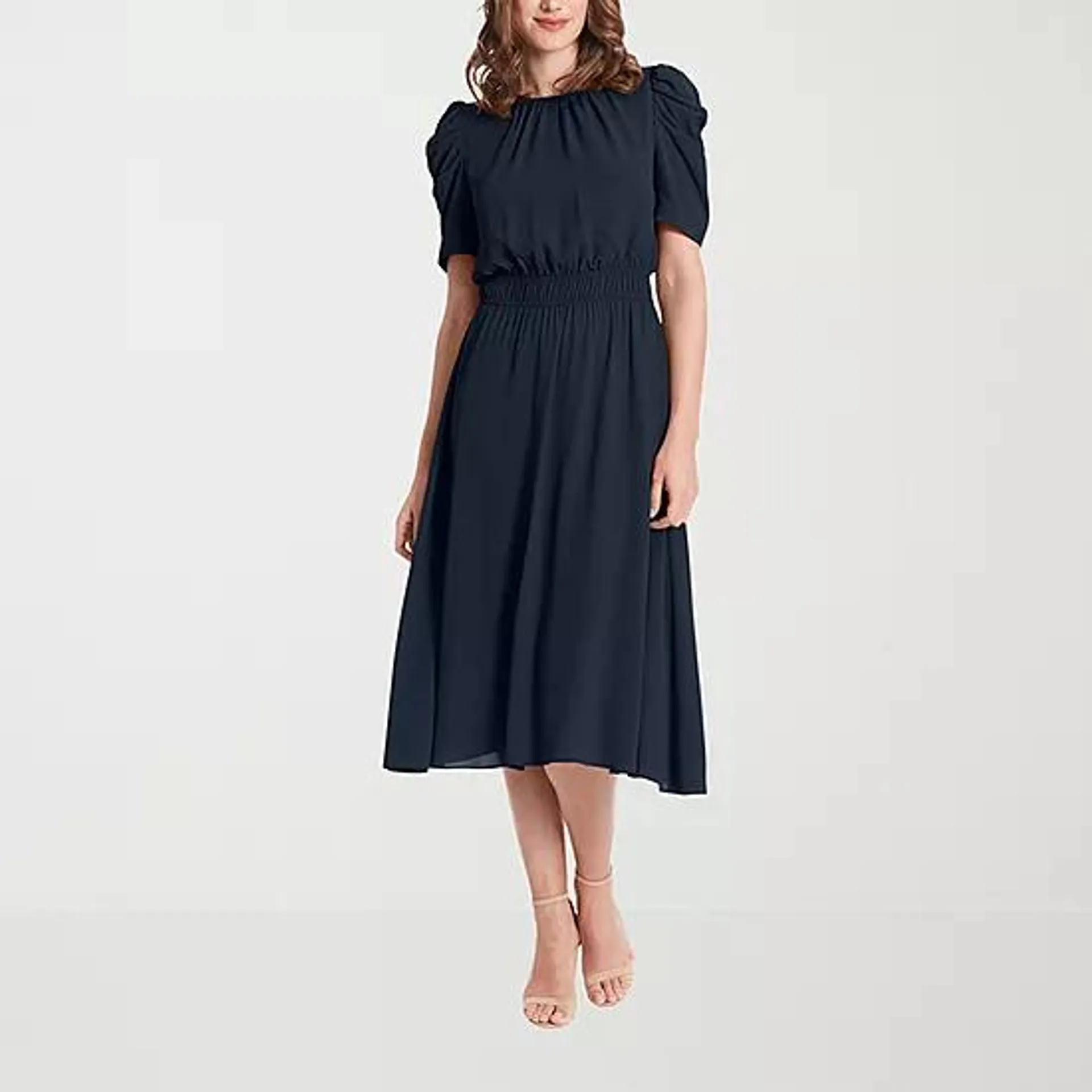 London Times Short Sleeve Midi Fit + Flare Dress