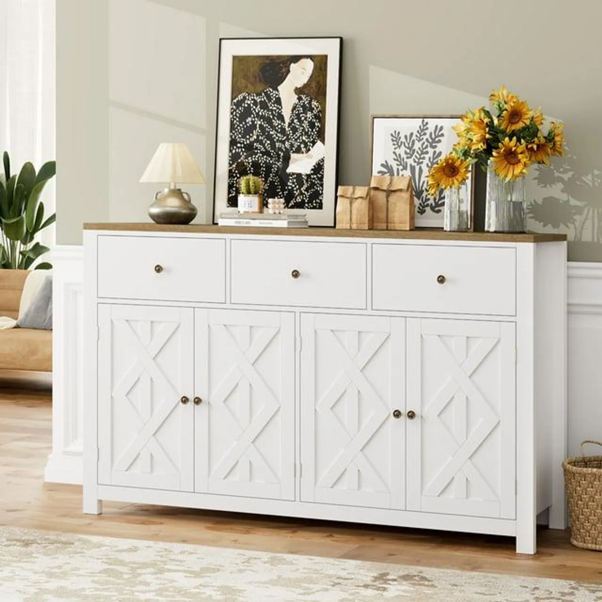 Homfa 4-Doors 3-Drawers Farmhouse Storage Cabinet, Wood Kitchen Sideboard with Adjustable Shelves, White