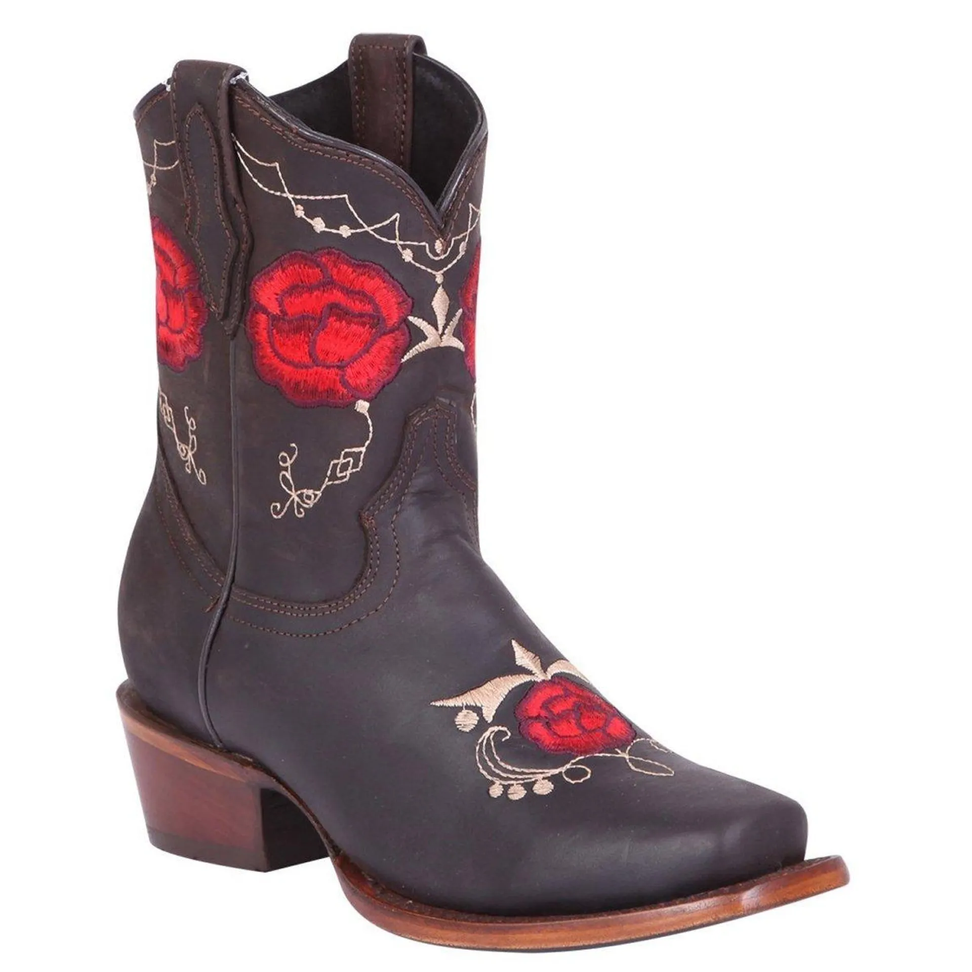 Botas de Cuero Cortas Bordadas con Rosas Rojas GEN-41832