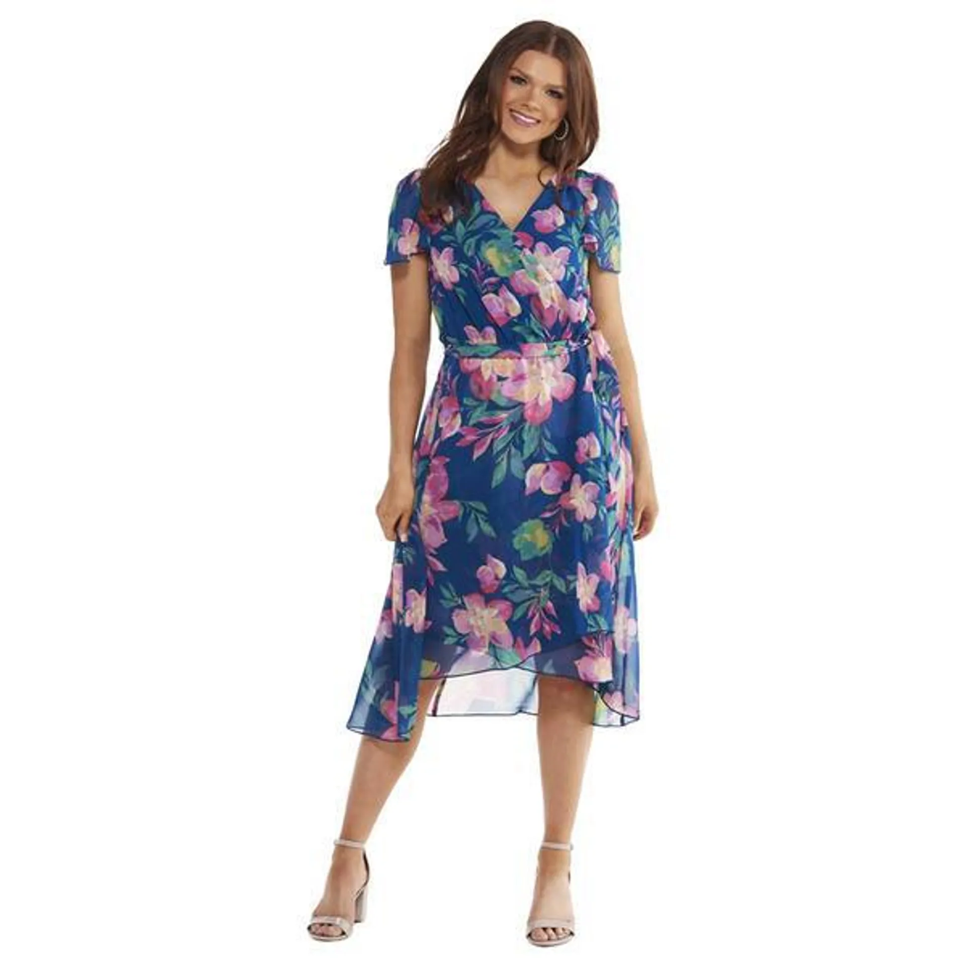 Petite Ellen Weaver Chiffon Floral High Low Hem Dress