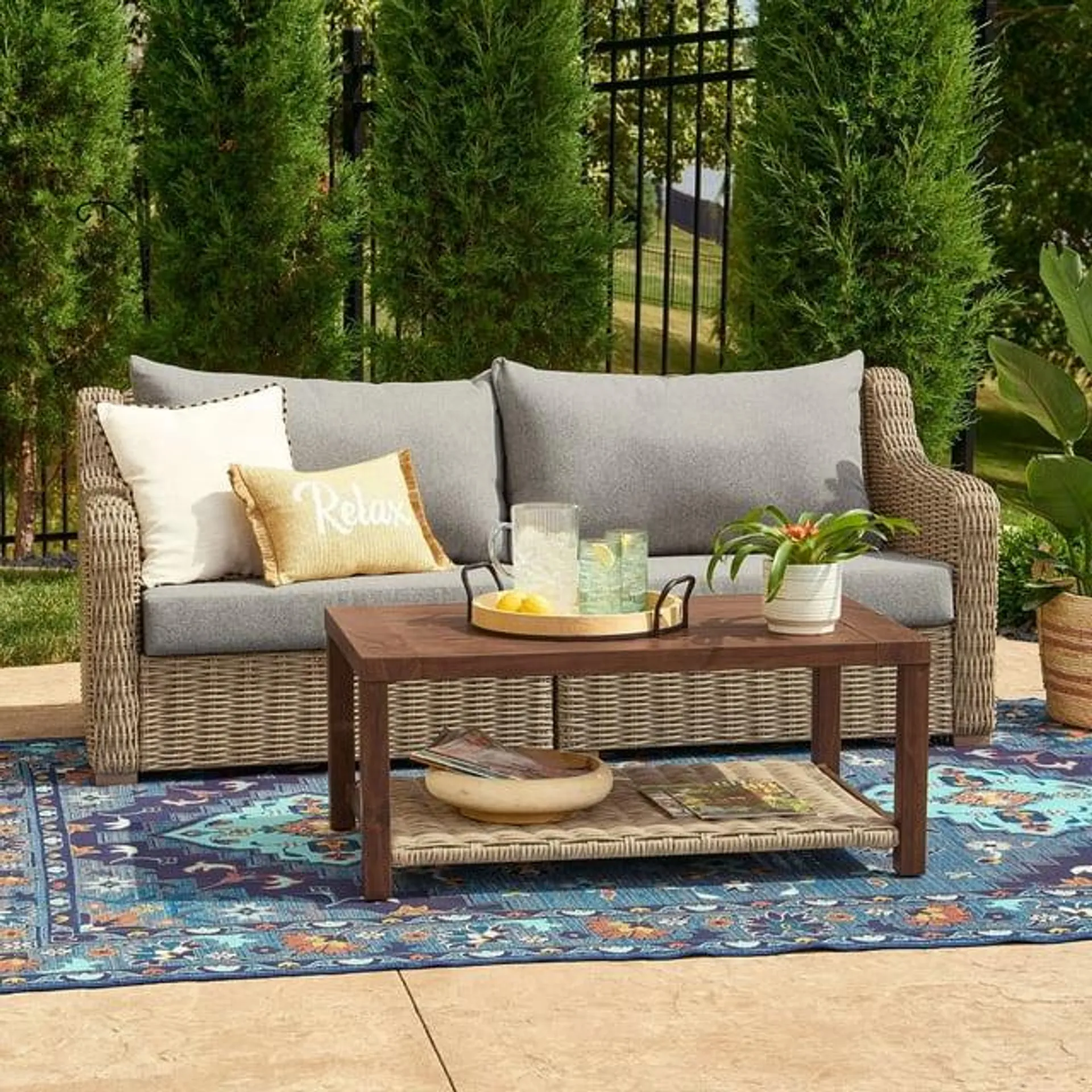 Better Homes & Gardens Bellamy 2 Piece Wicker Outdoor Sofa Gray Cushions & Coffee Table Set with Patio Cover