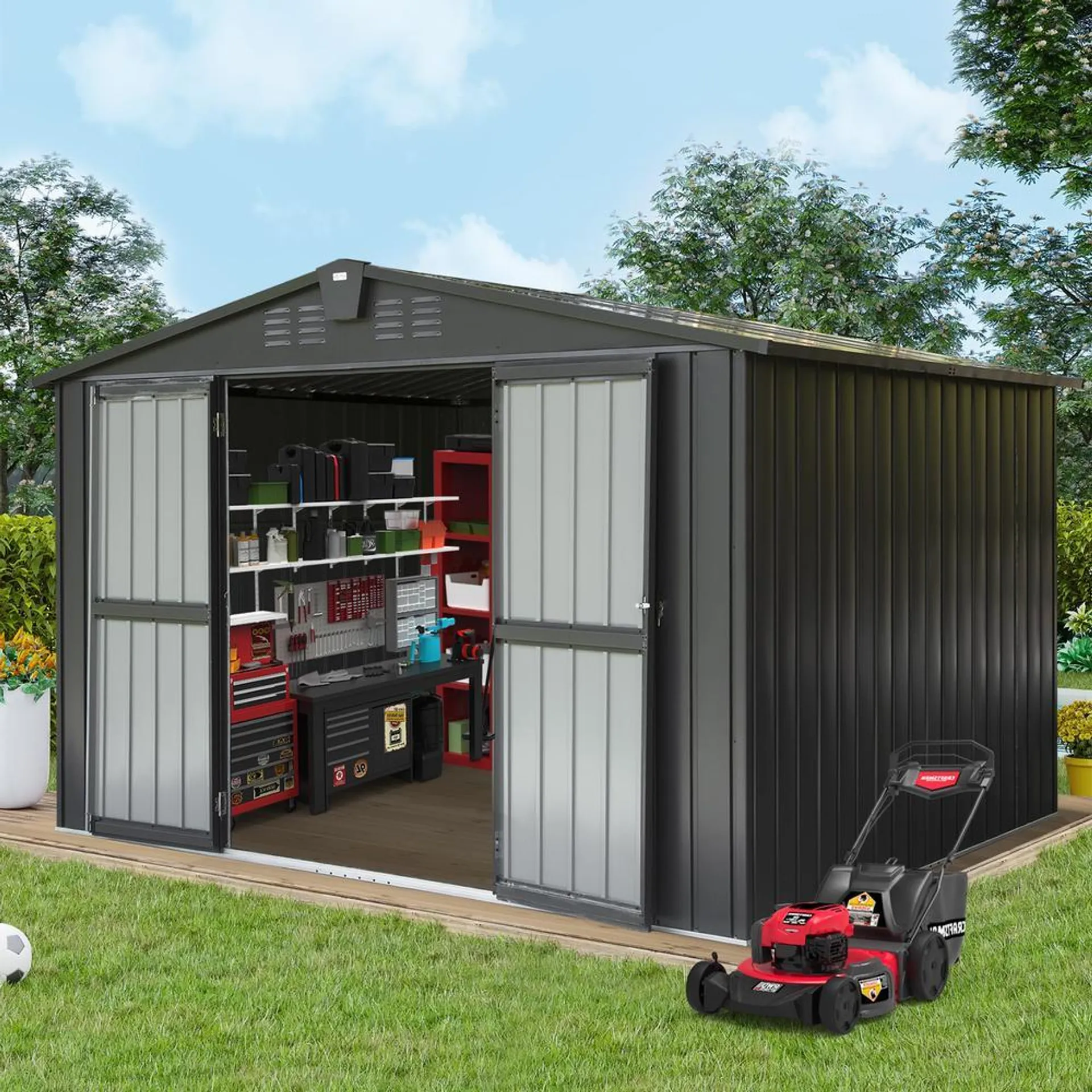 DOMI OUTDOOR LIVING Domi Outdoor Storage Shed 10x8 FT Metal Tool Sheds Storage House with Lockable Double DoorLarge Bike Shed Waterproof for Garde