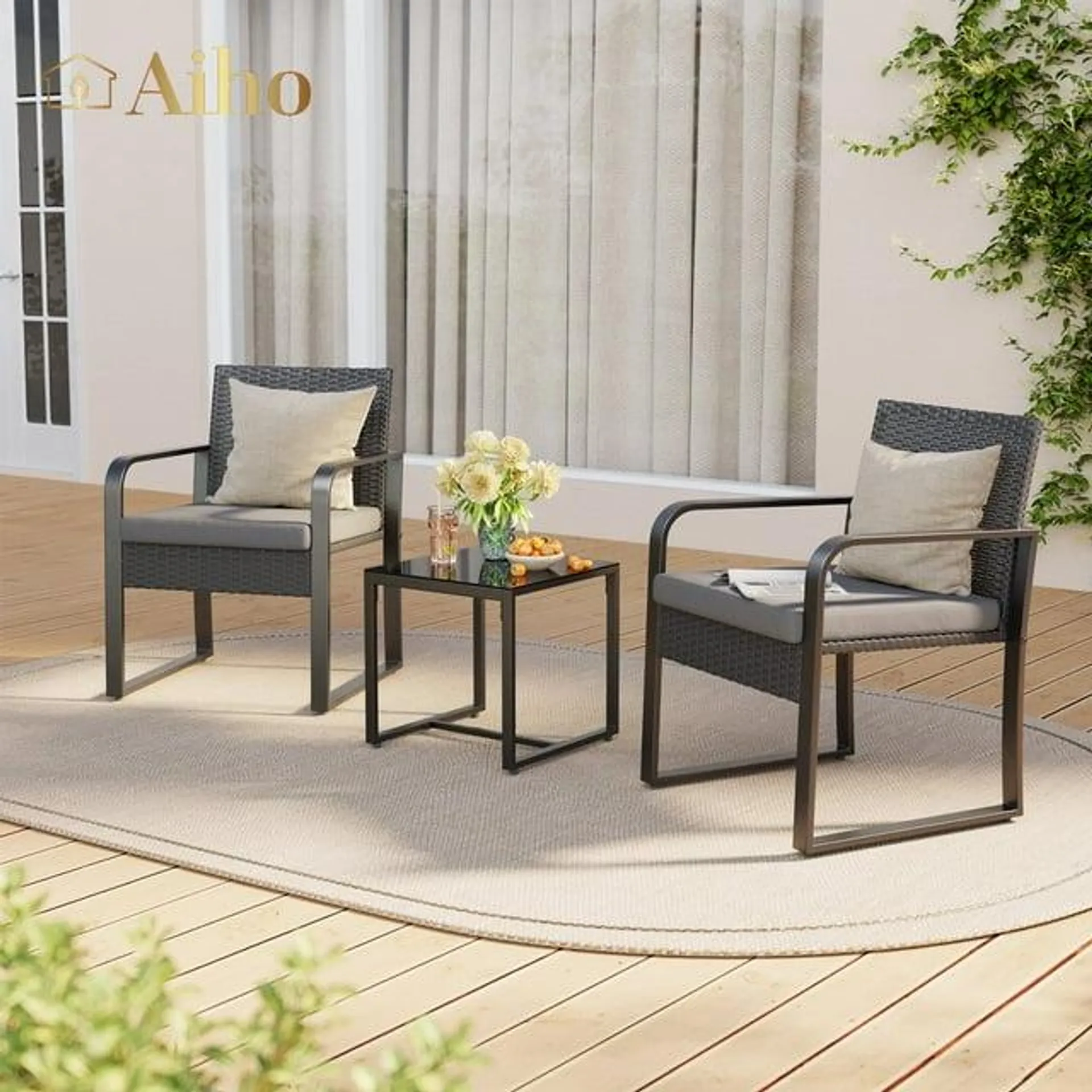 Aiho 3 Pieces Patio Furniture Set, PE Wicker Modern Conversation Black Set with Tea Table for Home, Lawn, Balcony and Bistro - Gray