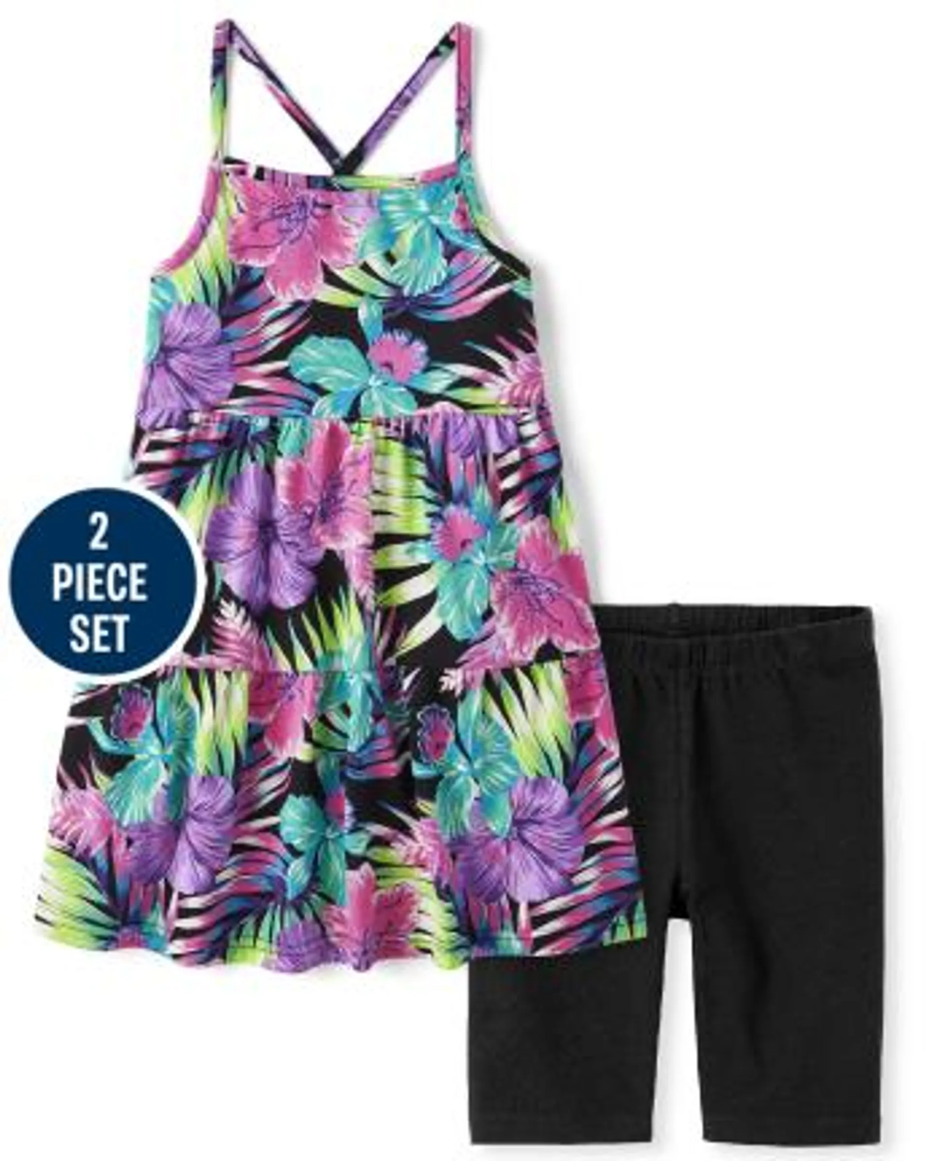 Girls Tropical 2-Piece Outfit Set - black