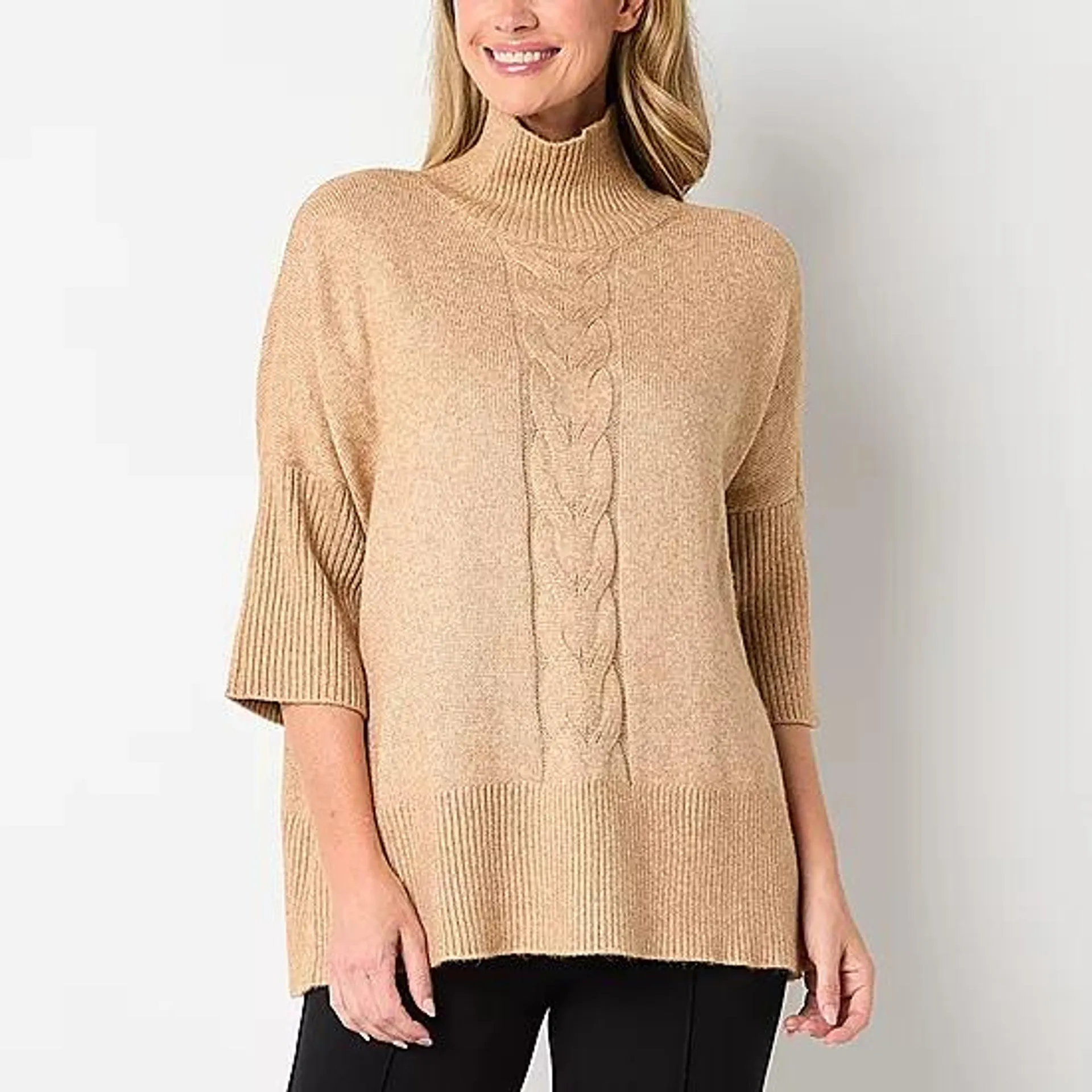 Liz Claiborne Womens Mock Neck 3/4 Sleeve Poncho