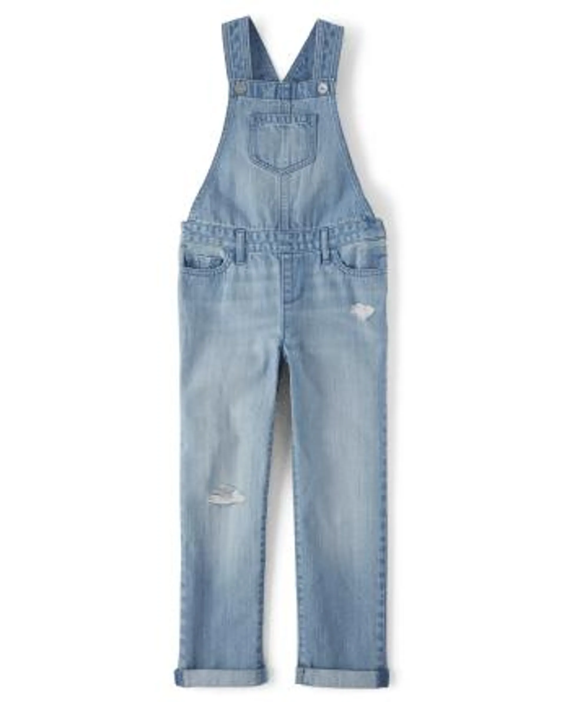 Girls Roll Cuff Denim Overalls - lea wash