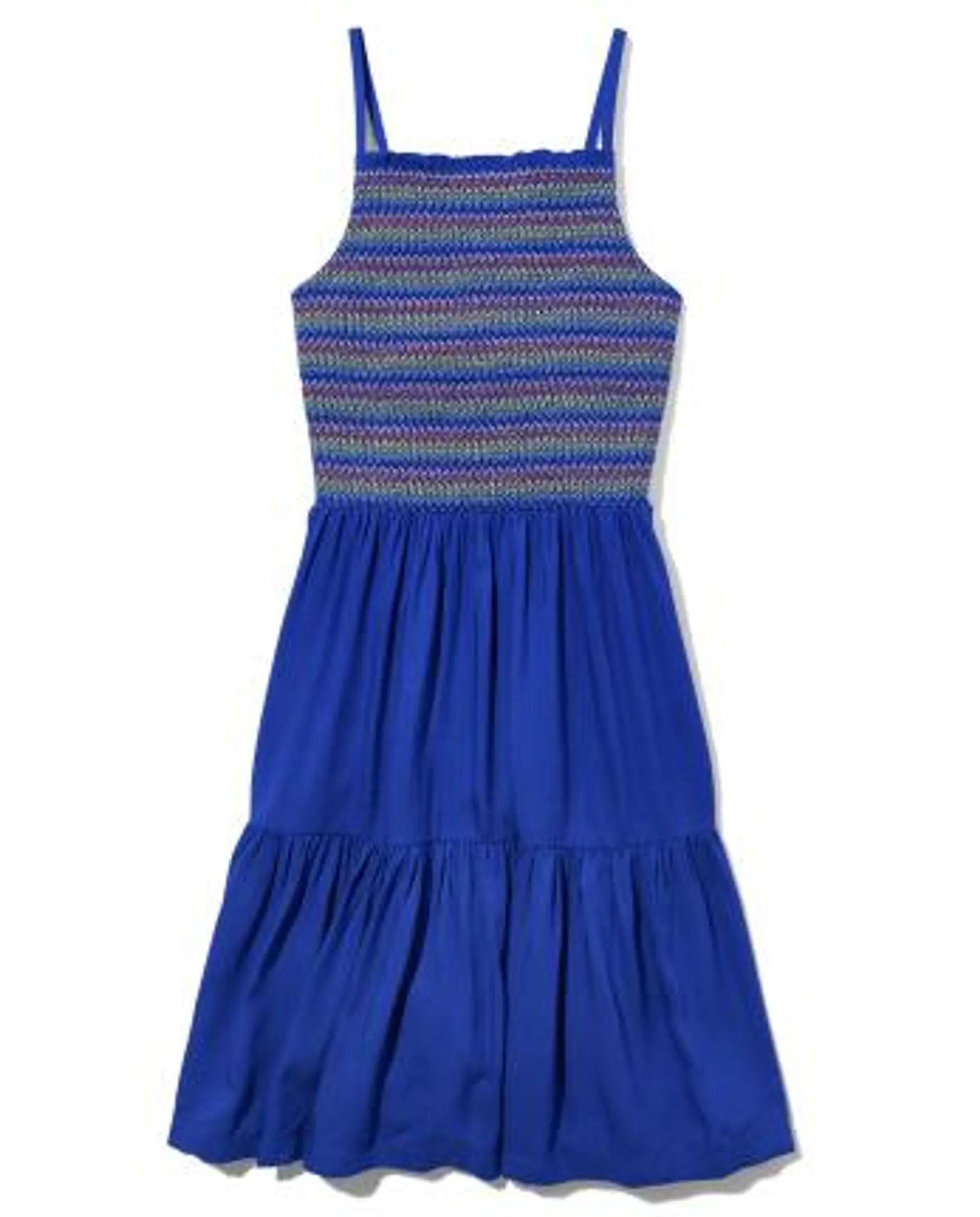 Tween Girls Rainbow Smocked Tiered Dress - cool cobalt