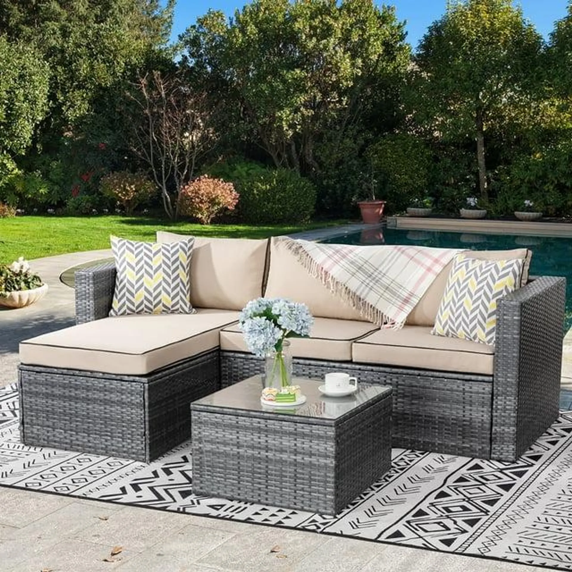 Walsunny 3 Piece Khaki Outdoor Furniture Sectional Sofa Patio Set with Silver Gray Rattan Wicker