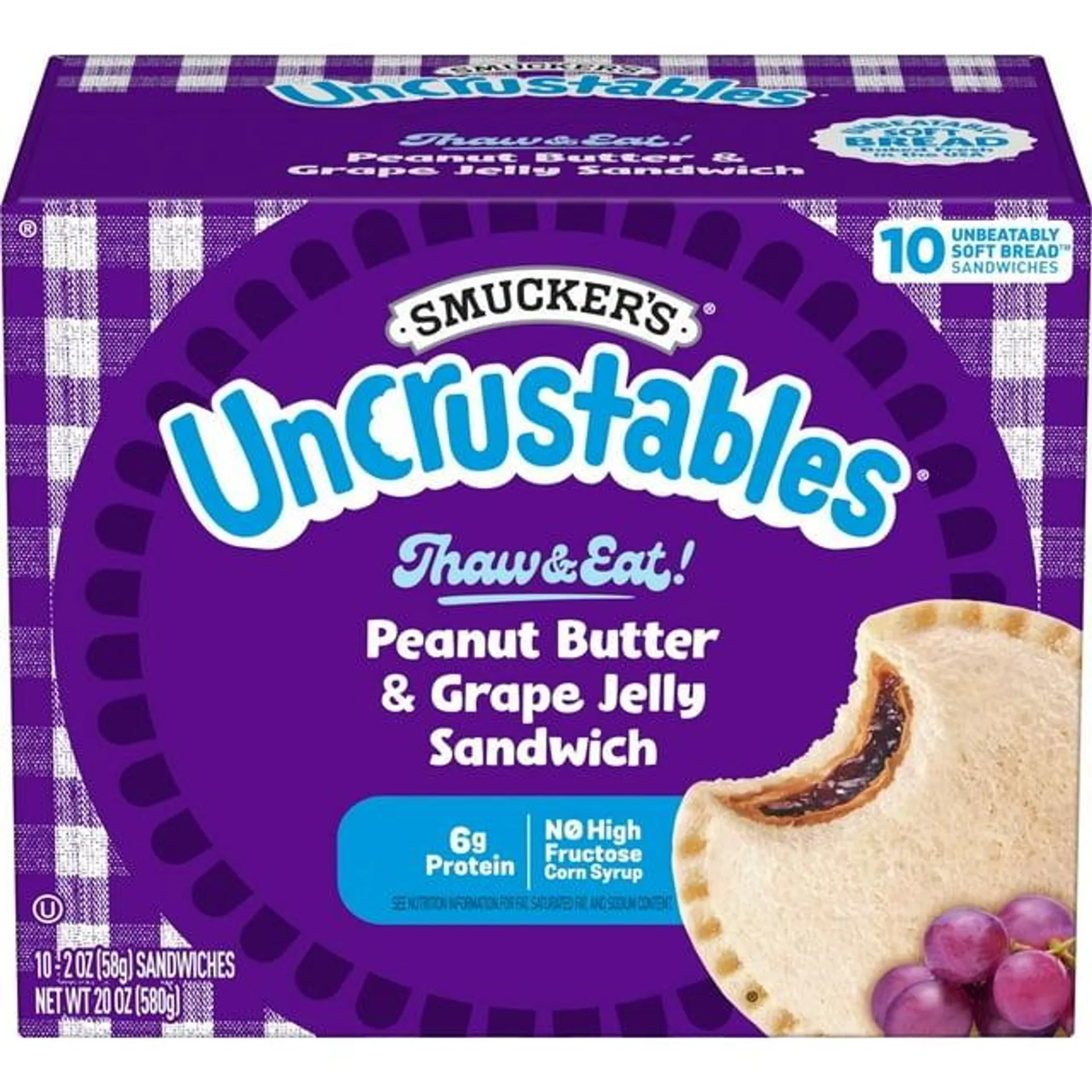 Smucker's Uncrustables Peanut Butter & Grape Jelly Sandwiches, 2 oz, 10 Count (Frozen)