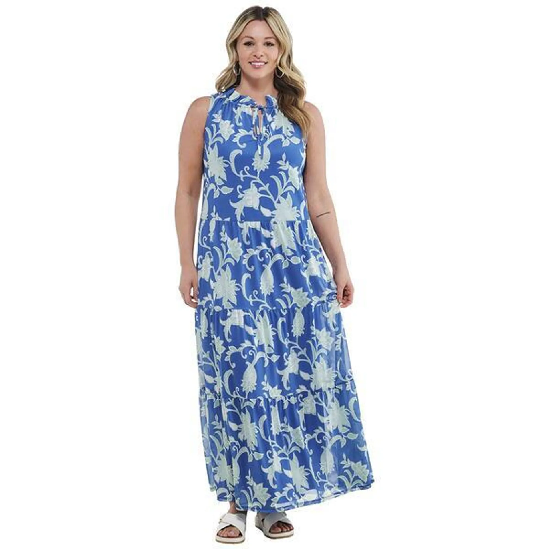 Womens Harper 241 Sleeveless Floral Tie Neck Tier Hem Maxi Dress