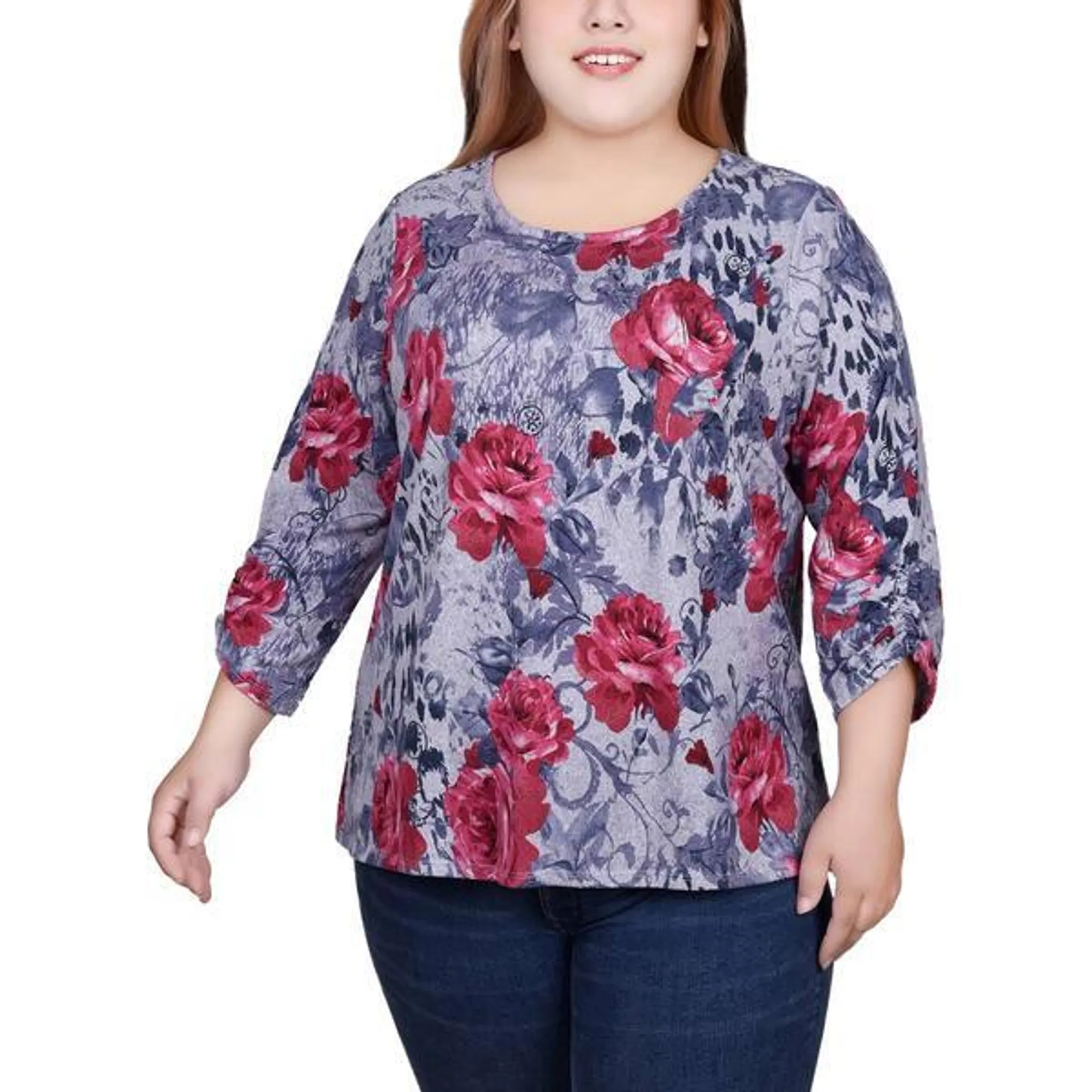 Womens NY Collection 3/4 Ruch Sleeve Floral Blouse