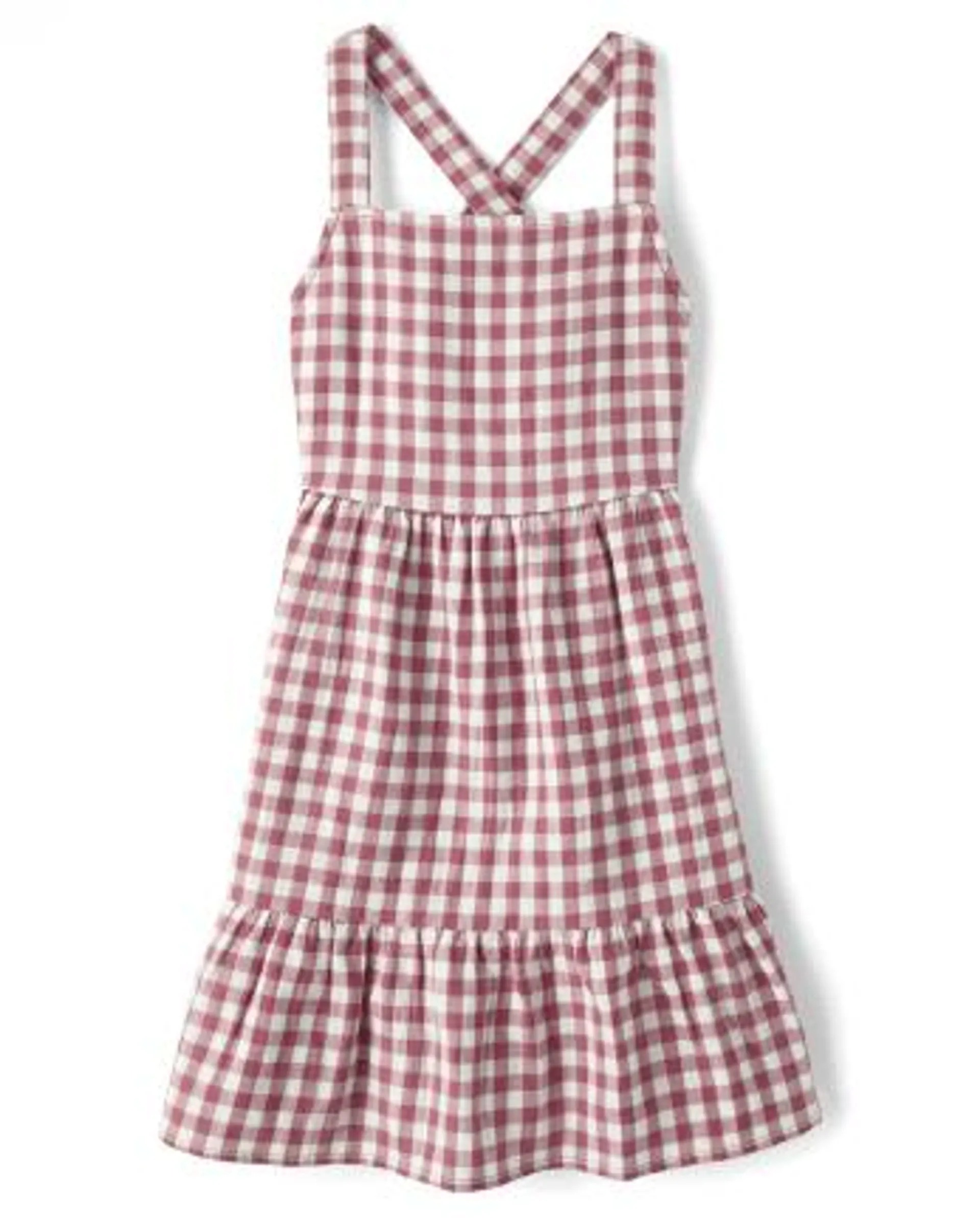 Girls Gingham Tie Back Ruffle Dress - apple blossom