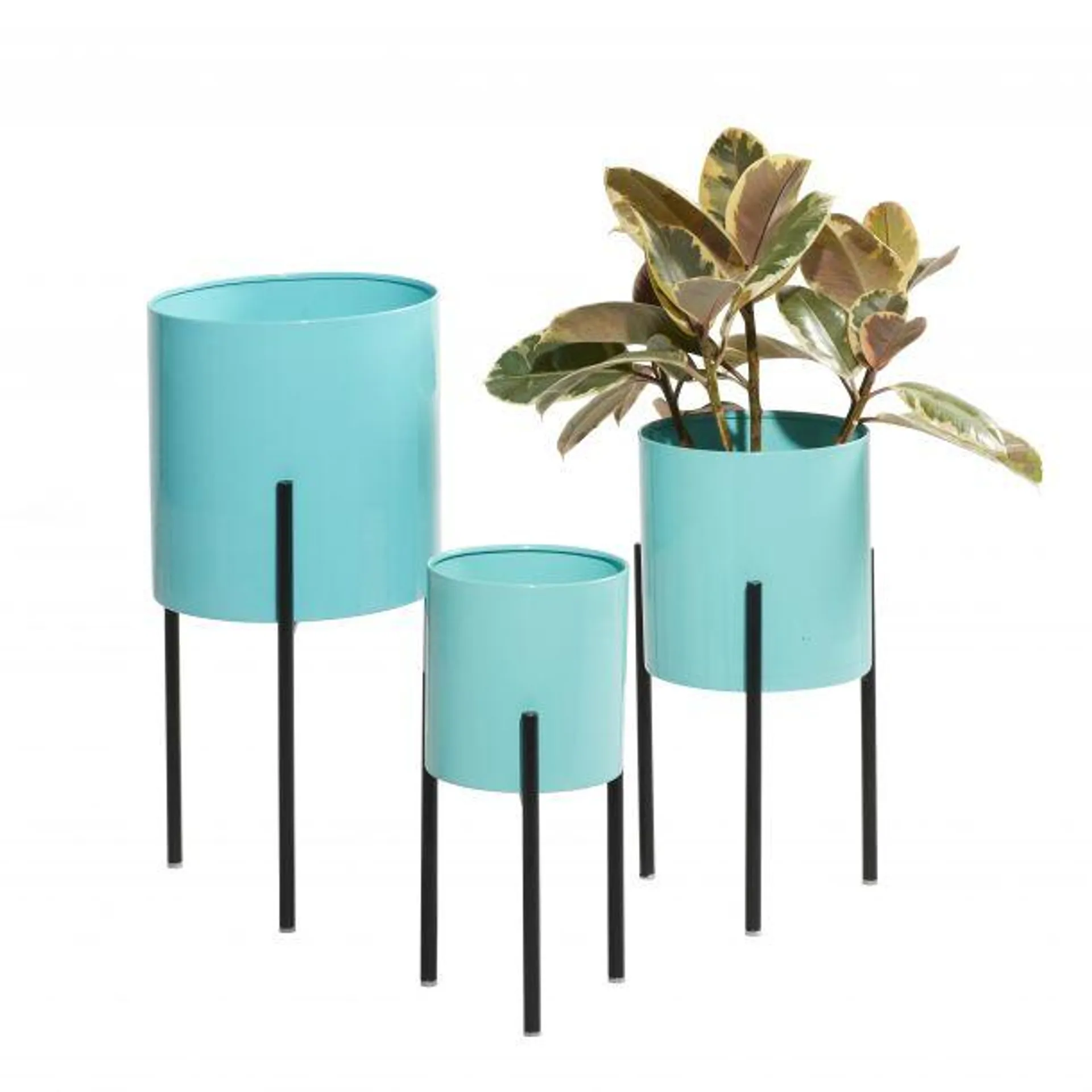 Set of 3 Teal Metal Contemporary Planter, 12", 14", 18"