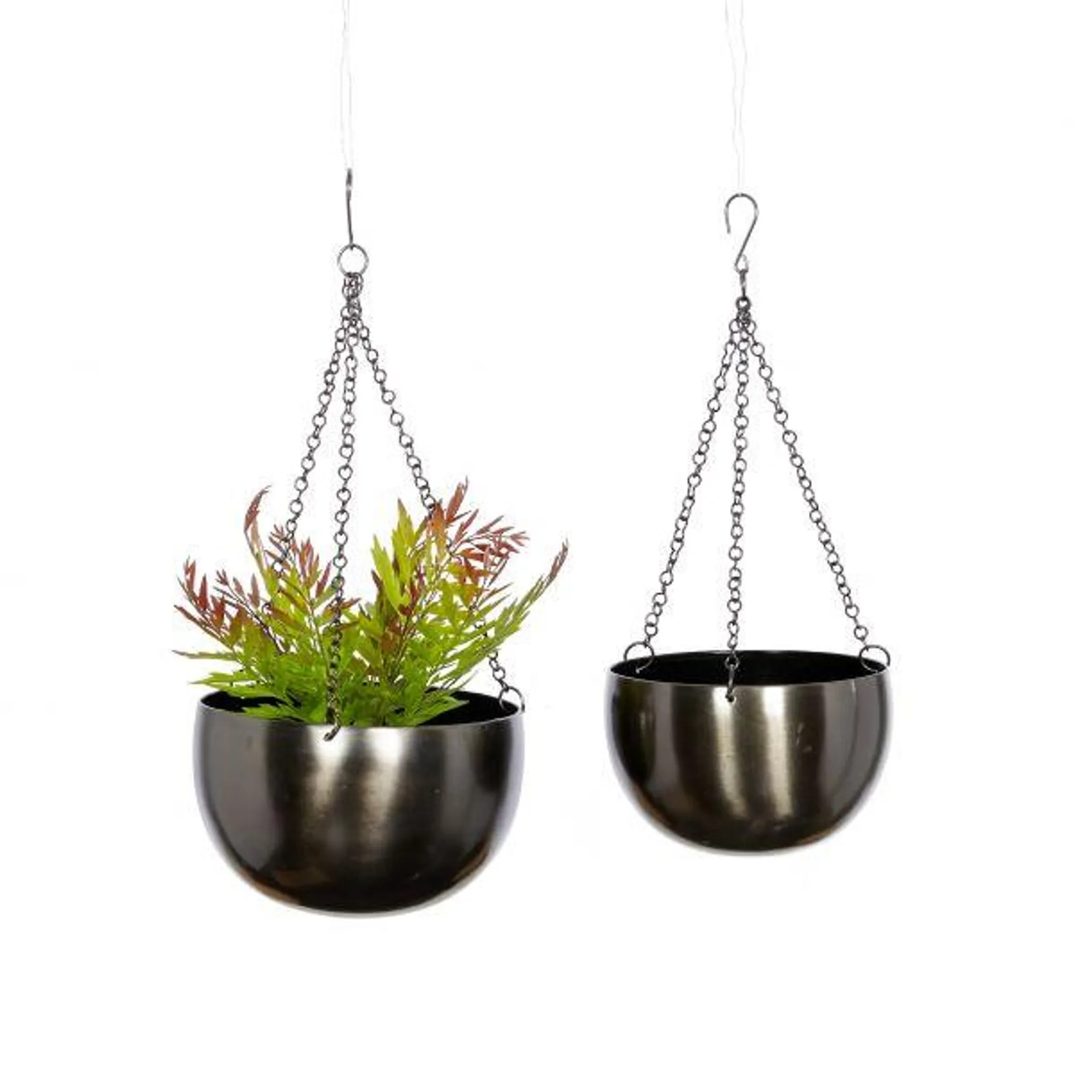 Marisol + Daisy Glam Metal Round Shaped Planter with Hanging Chain (Set of 2) - Black