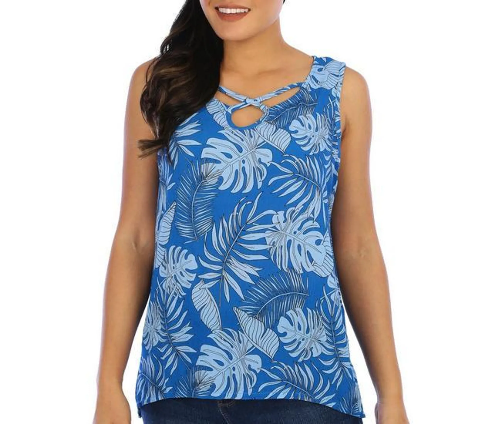 Womens Leaf Print Keyhole Sleeveless Top