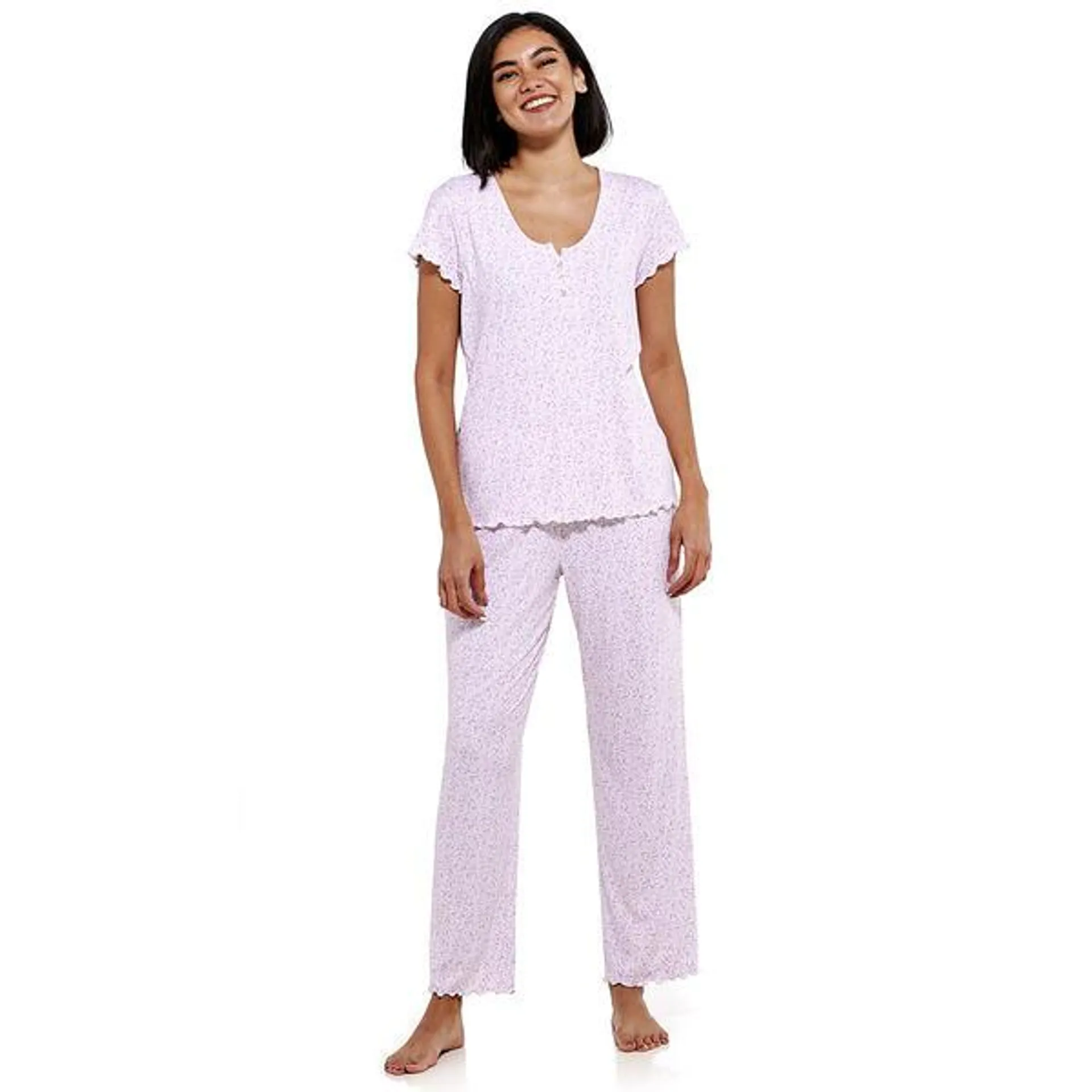 Womens Laura Ashley® Short Sleeve Rib Henley Long Leg Pajama Set