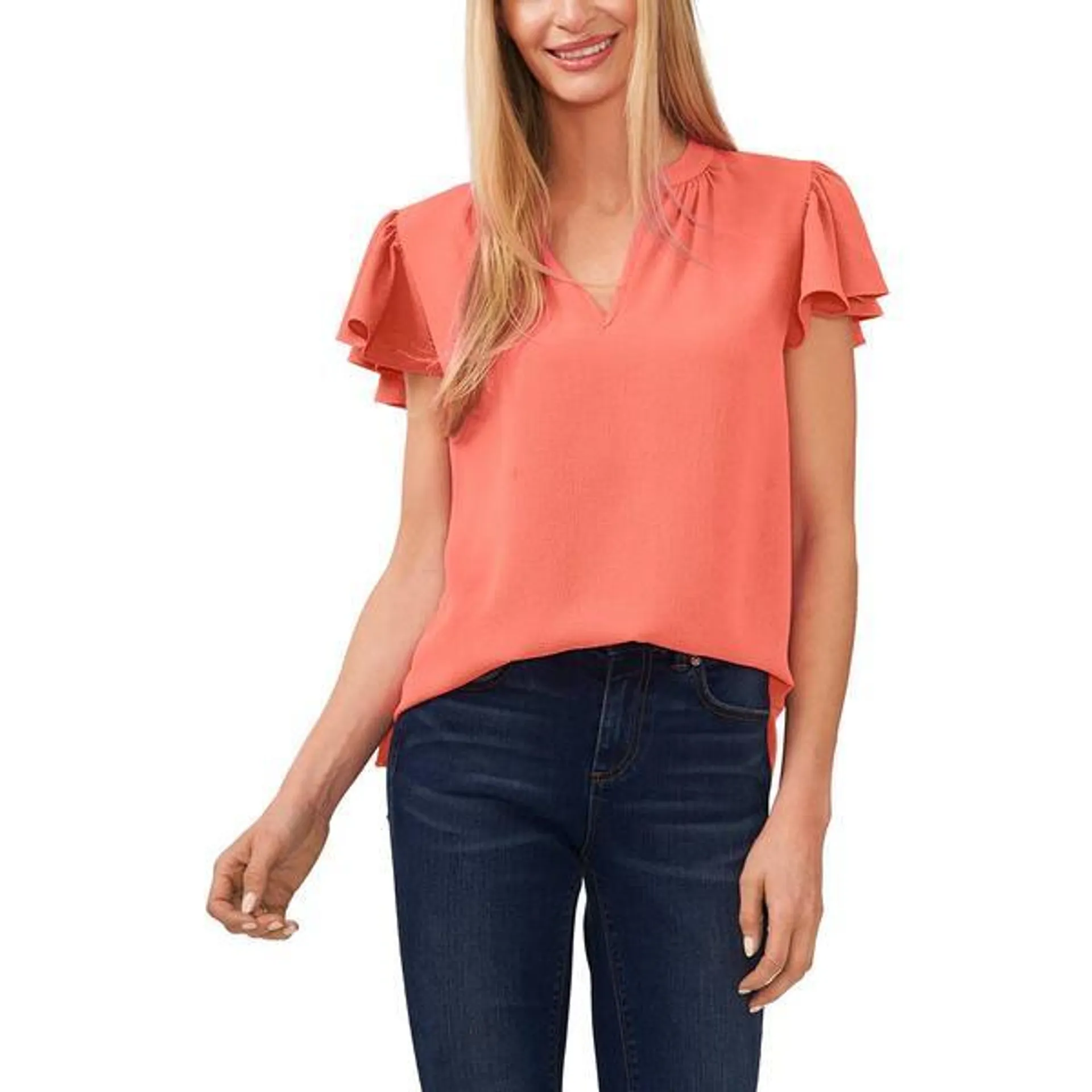 Womens Cece Flutter Sleeve Shirred V-Neck Blouse