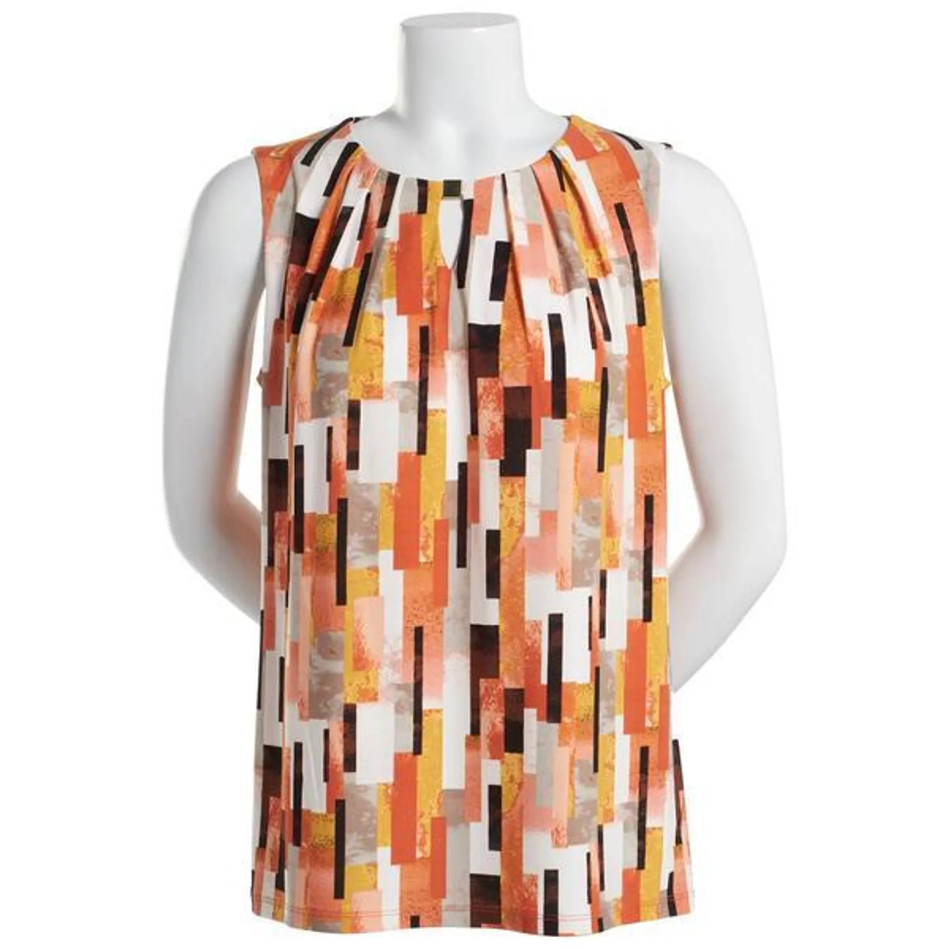 Womens Kasper Sleeveless V-Neck Bar Neck Abstract Blouse