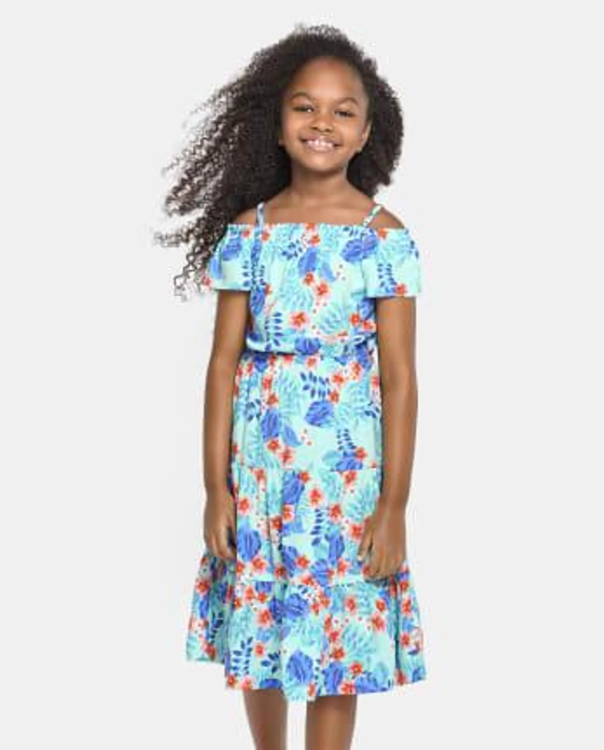 Girls Matching Family Tropical Tiered Dress - mellow aqua