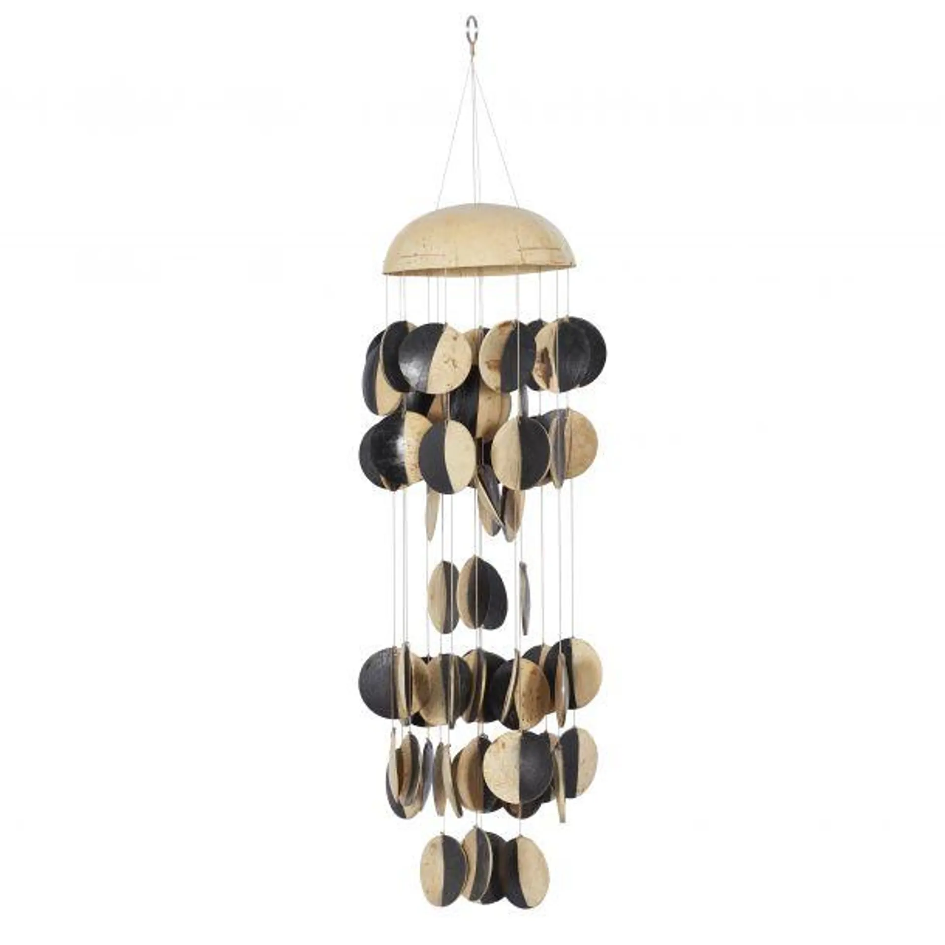 Black and Cream Coconut shells Coastal Windchime, 5" x 17"