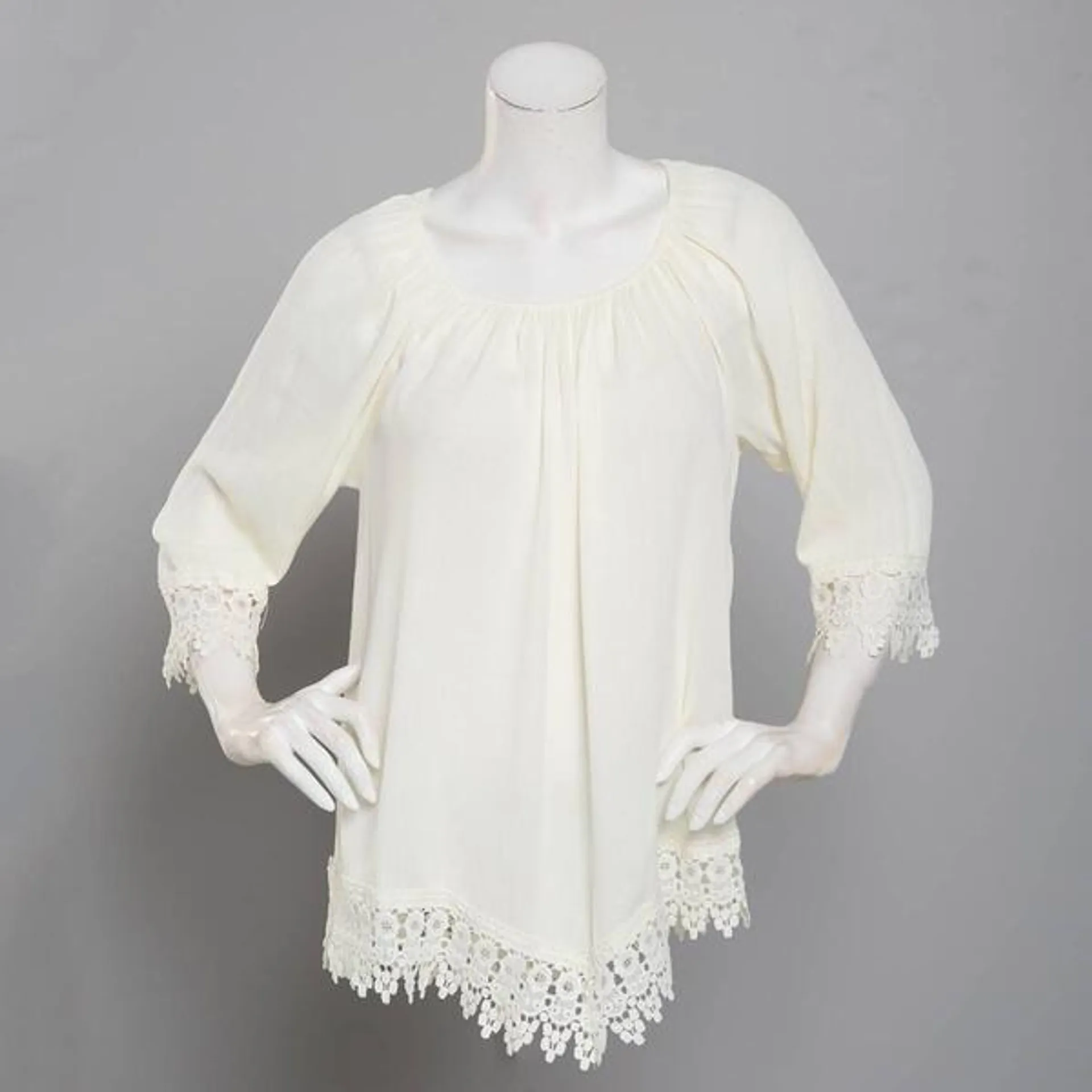 Womens NY Collection 3/4 Sleeve Lace Trim Solid Crinkle Blouse