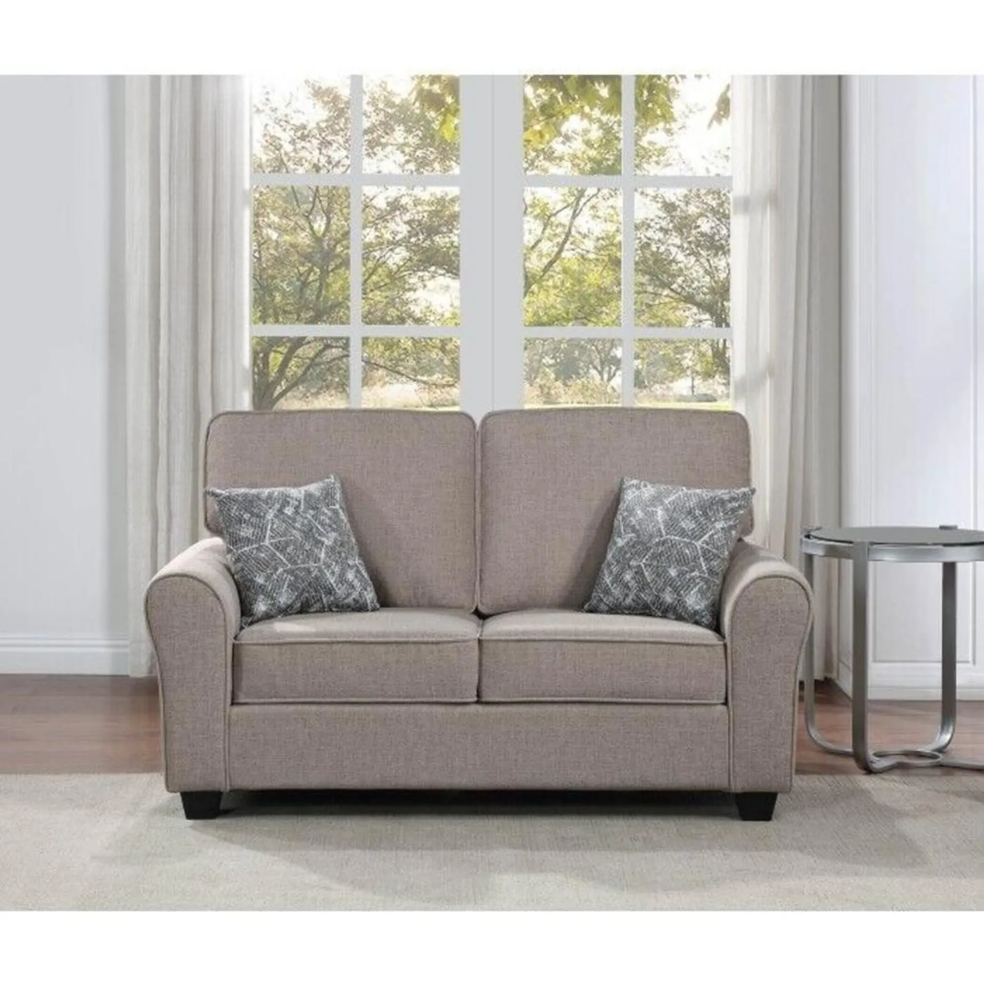 Esofastore Classic Living Room Loveseat w/ Throw Pillows, Chinille Fabric Upholstered 2-Seater Sofa Plush Cushioned Flared Round Arm, Taupe