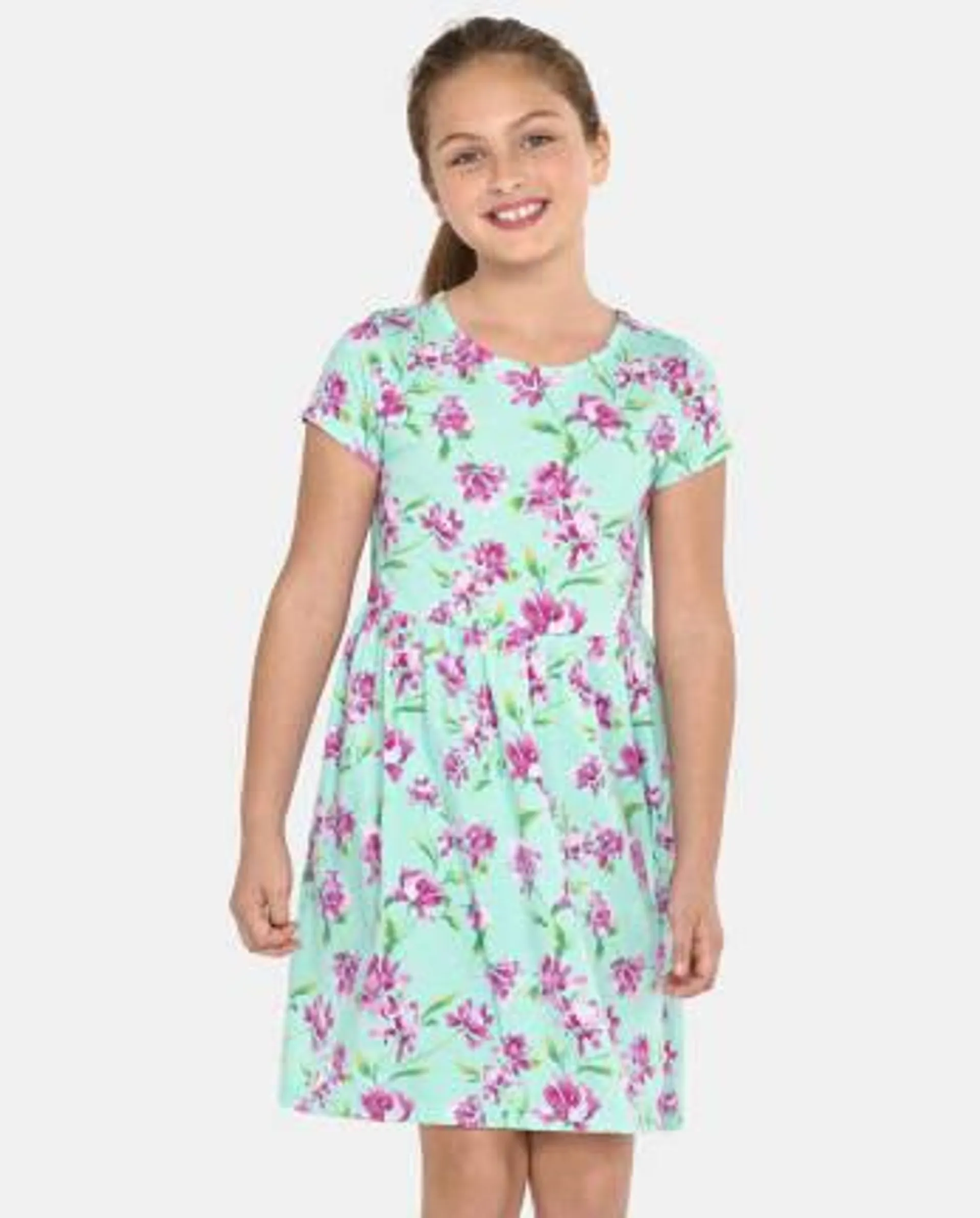 Girls Floral Everyday Dress - mellow aqua