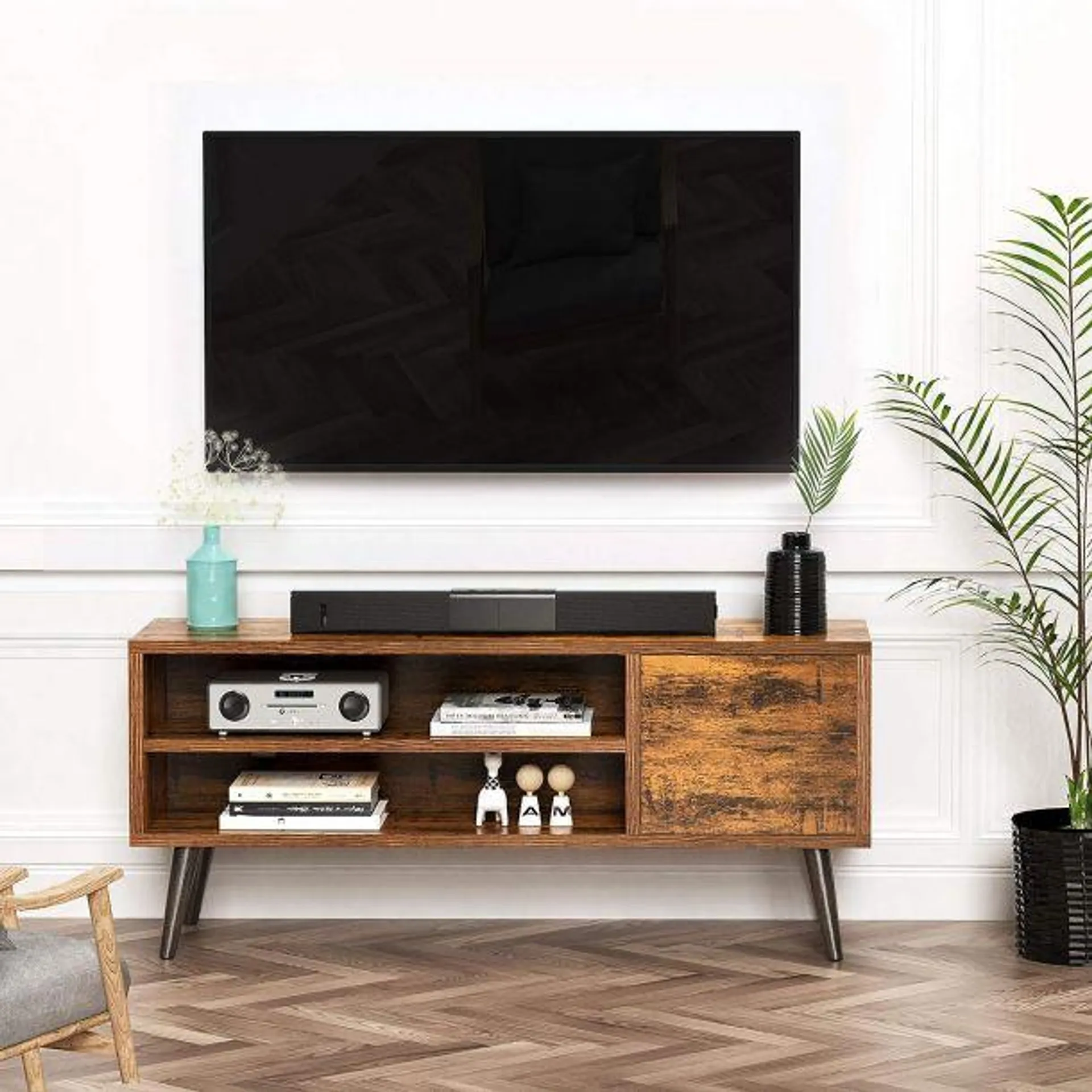 Retro TV Stand with Storage and Entertainment Center with Shelf - Rustic Brown