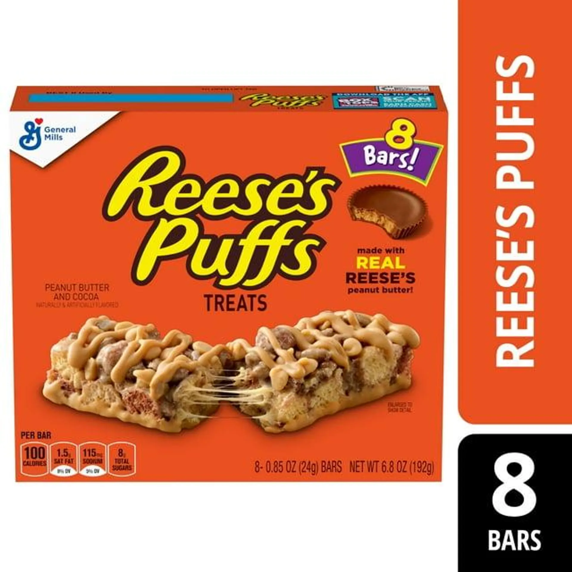 Reese's Puffs Breakfast Cereal Treat Bars, Peanut Butter & Cocoa, 8 ct