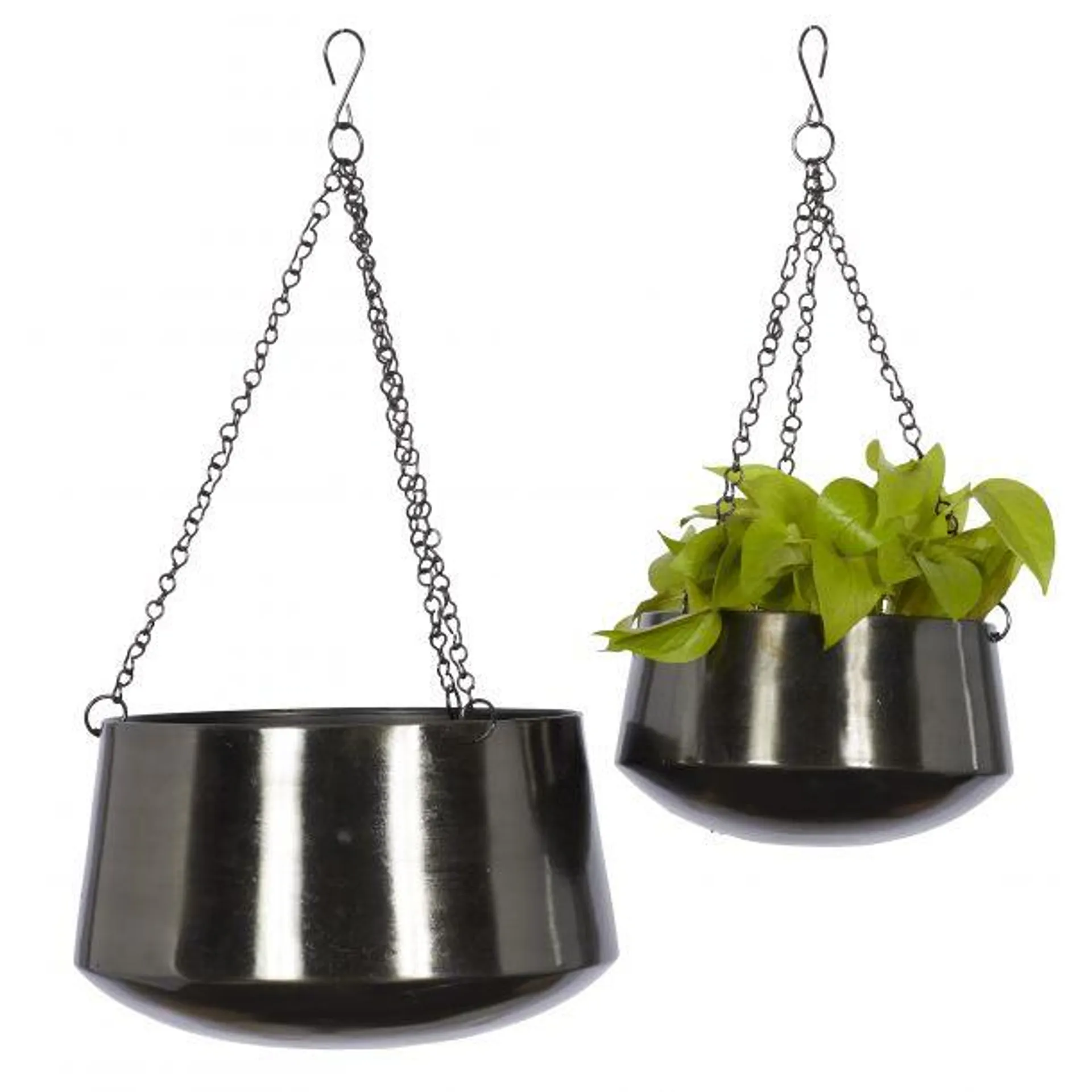 Marisol + Daisy Glam Iron Round Planter with Hanging Chain (Set of 2) - Black